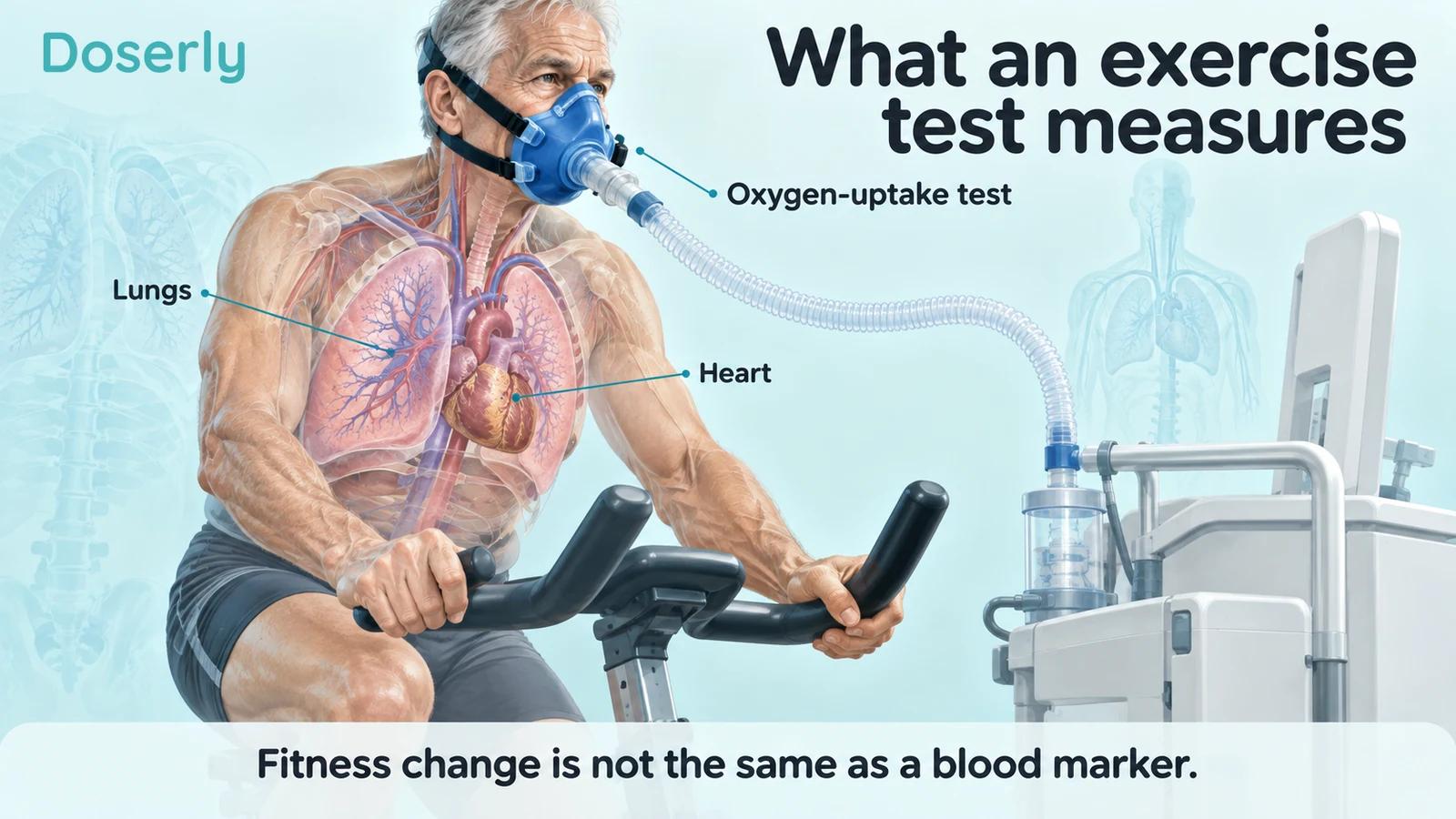 Older man on an exercise bicycle with a respiratory testing mask and illustrated heart and lungs.