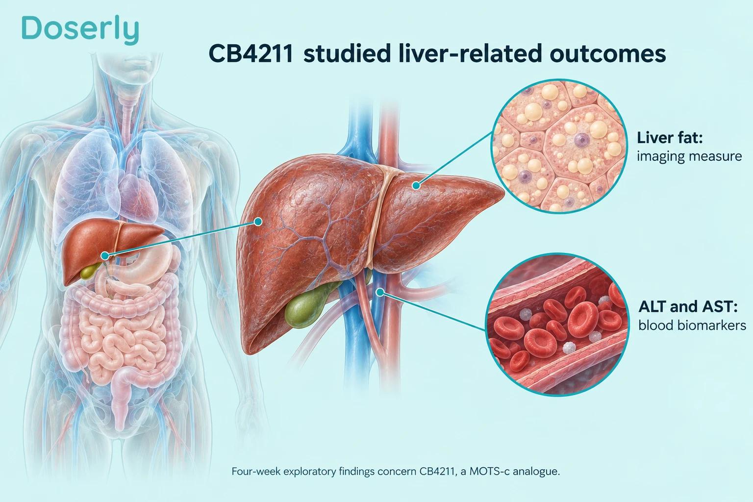 An anatomical liver illustration distinguishes fat measured by imaging from ALT and AST measured in blood.