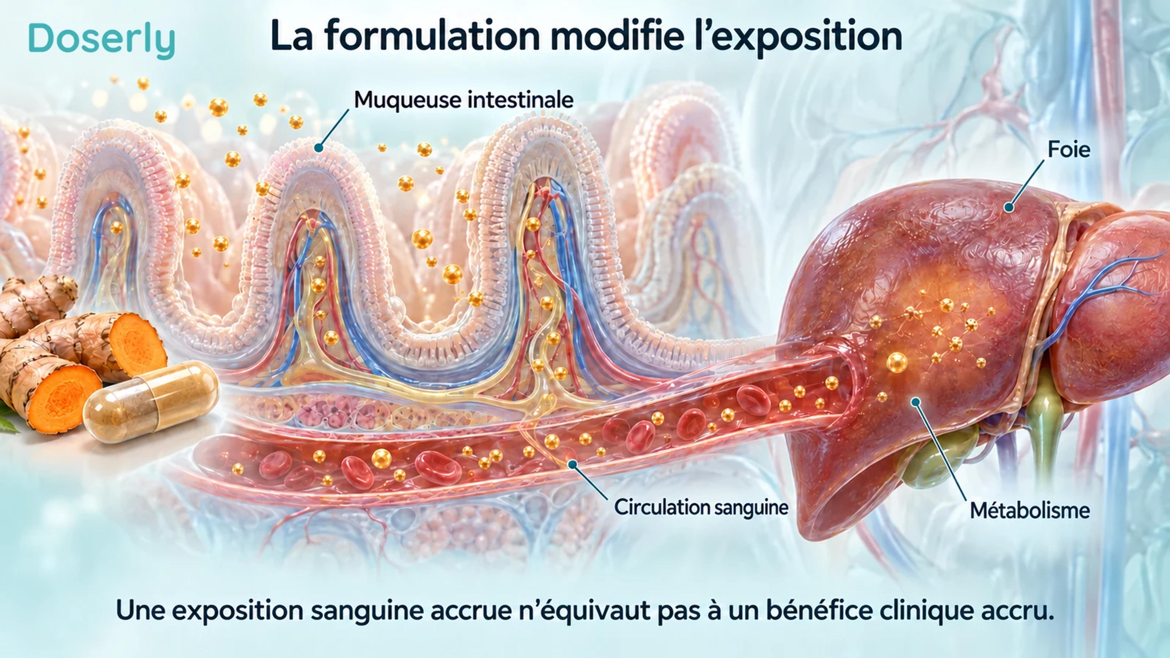 Des villosités intestinales, des vaisseaux sanguins et le foie illustrent l’absorption et le métabolisme d’une préparation de curcumine.
