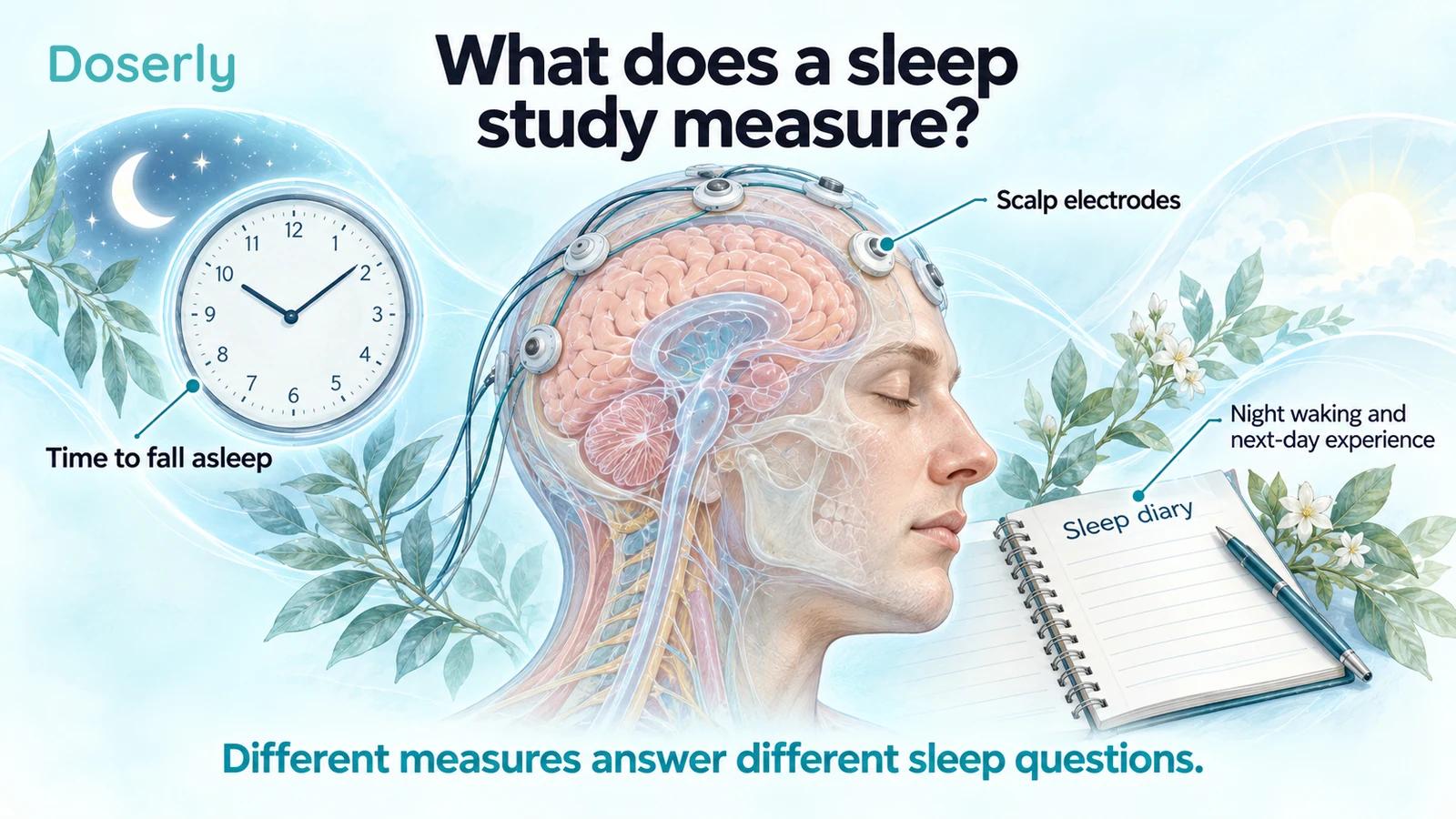 An illustrated anatomical head with scalp electrodes, a clock and sleep diary distinguish several sleep measurements.