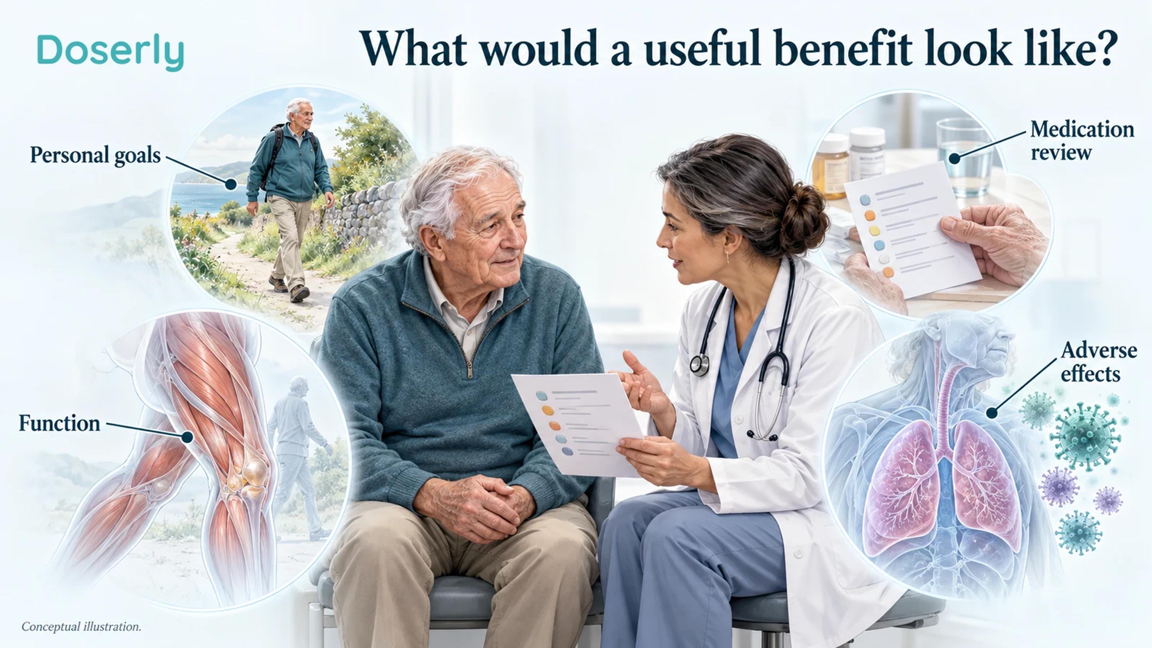 Conceptual consultation connecting medication history, laboratory monitoring and everyday mobility goals, without treatment recommendations.