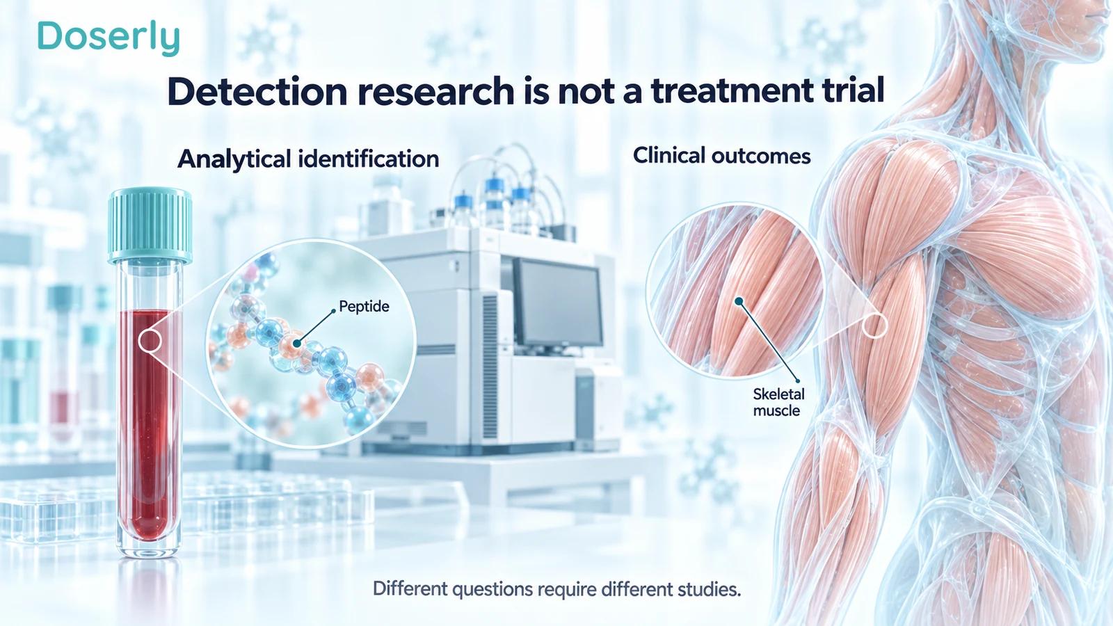 A sealed sample tube, conceptual peptide and analytical instrument are separated from a neutral muscle cutaway to distinguish identification from clinical outcomes.