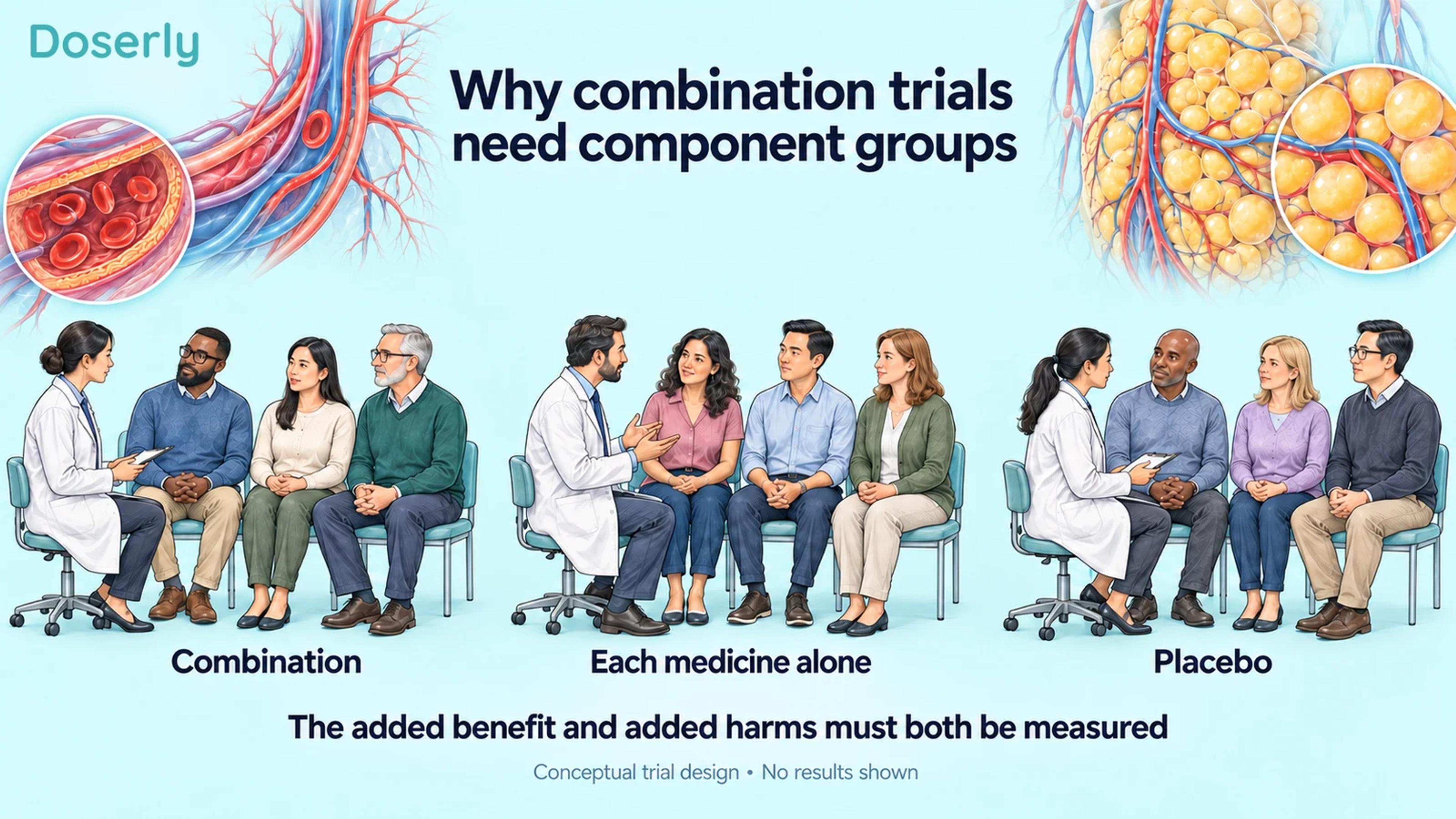Equal-sized groups of adults representing combination treatment, individual medicines and placebo.