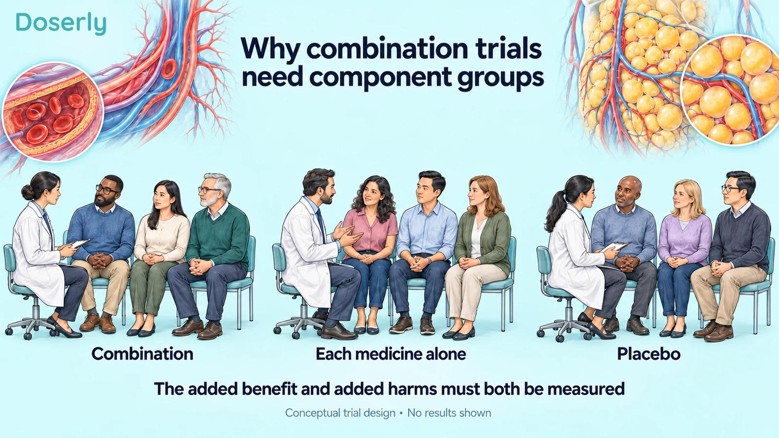 Equal-sized groups of adults representing combination treatment, individual medicines and placebo.