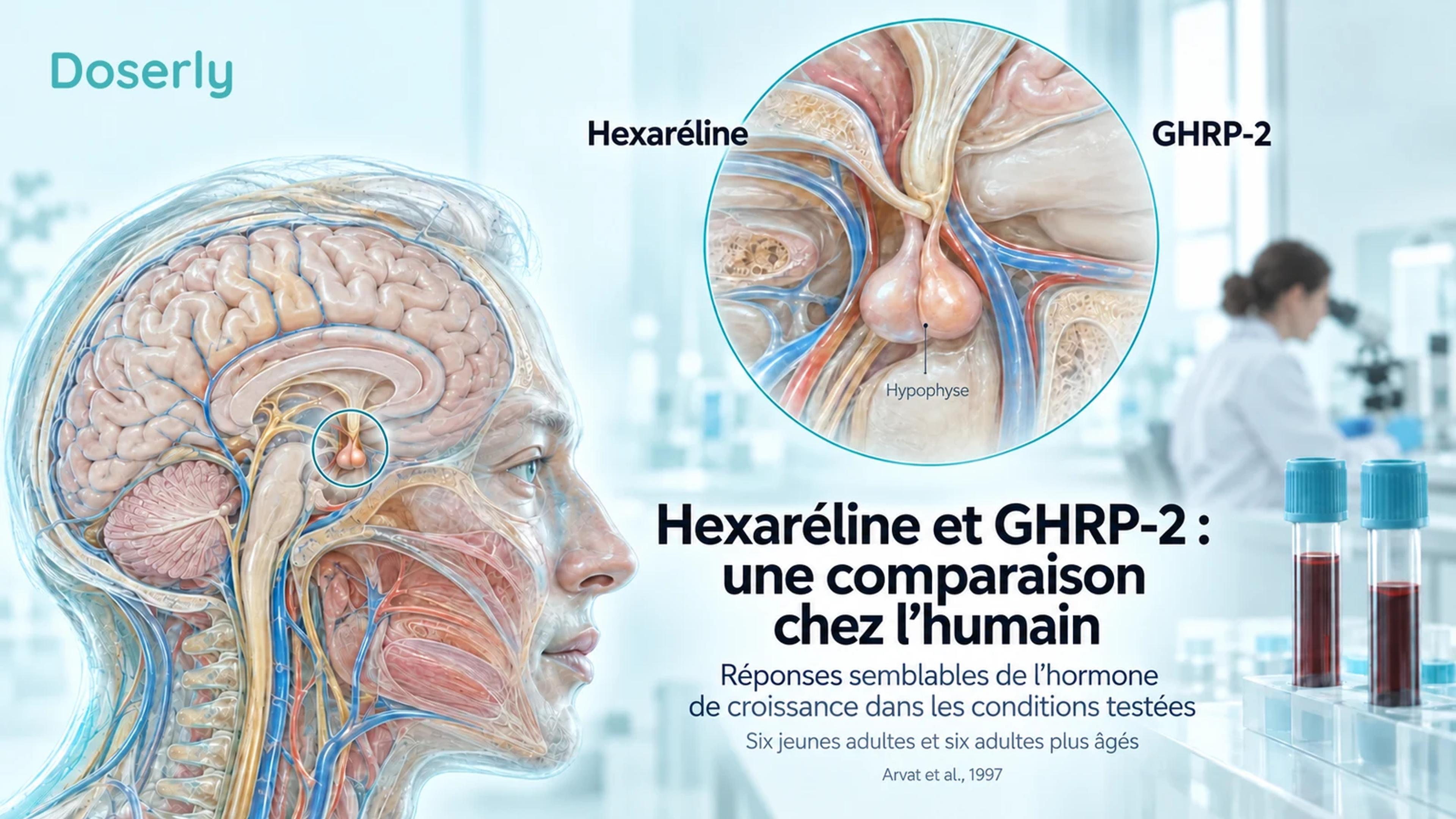 Illustration médicale de l’hypophyse et d’échantillons sanguins pour une comparaison humaine de l’hexaréline et du GHRP-2