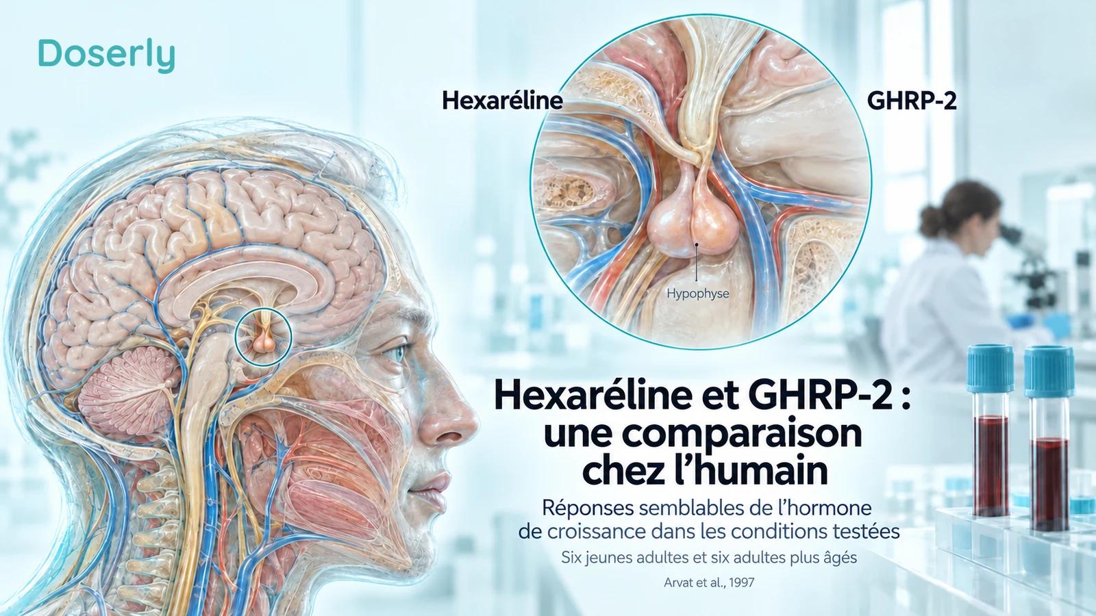 Illustration médicale de l’hypophyse et d’échantillons sanguins pour une comparaison humaine de l’hexaréline et du GHRP-2