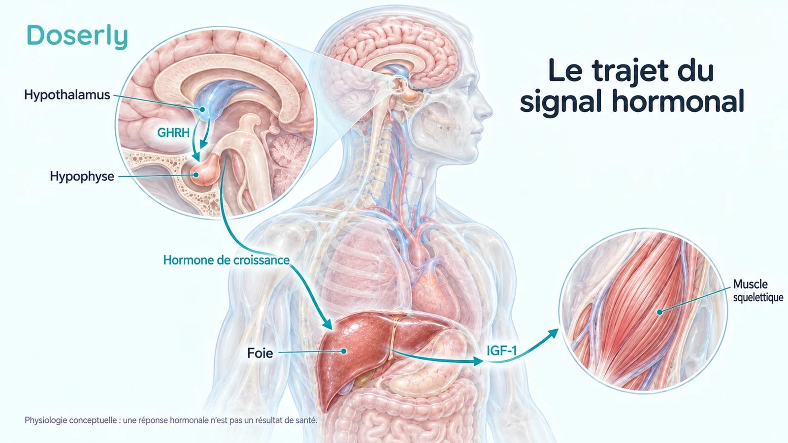 Une représentation conceptuelle de l’hypothalamus, de l’hypophyse, du foie et du muscle squelettique illustre la voie de la GHRH, de l’hormone de croissance et de l’IGF-1.