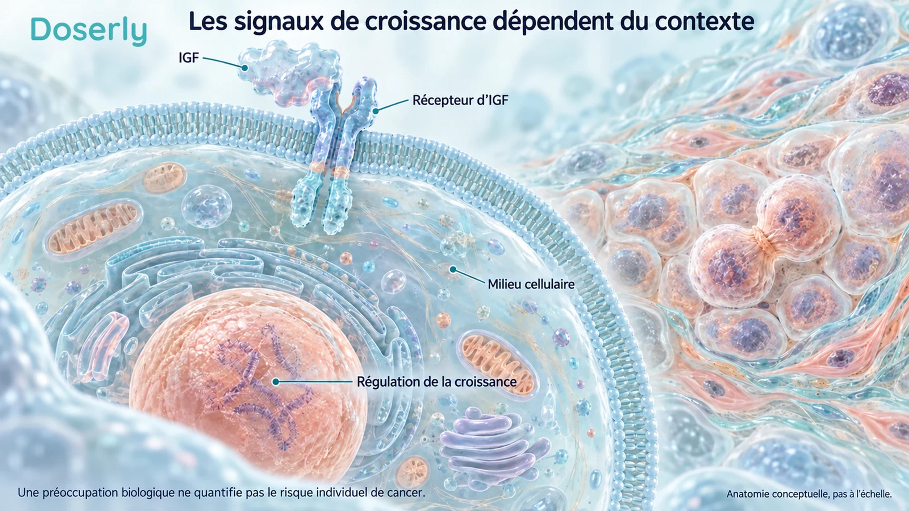 Récepteur d’IGF conceptuel dans une membrane cellulaire, à côté de structures tissulaires et cellulaires détaillées.