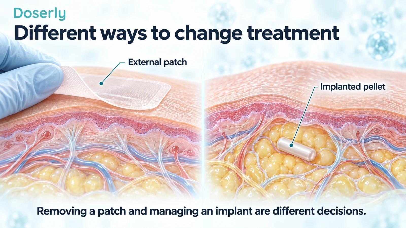 An external patch being lifted from intact skin beside a separate skin cutaway containing an implanted pellet.