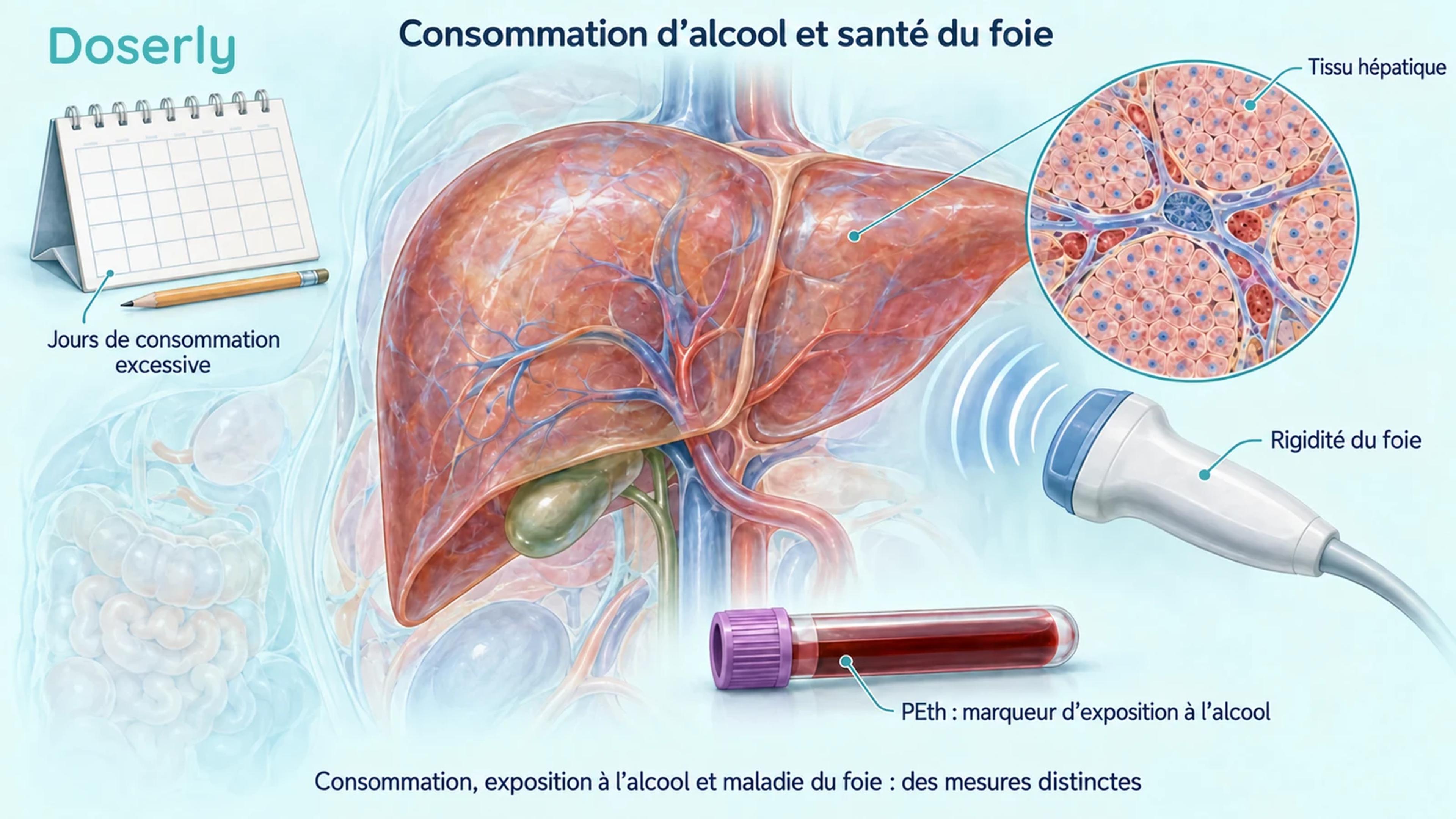 Une vue détaillée de l’anatomie du foie, un calendrier, un échantillon de sang et une sonde d’échographie distinguent les résultats liés à l’alcool de ceux liés au foie.