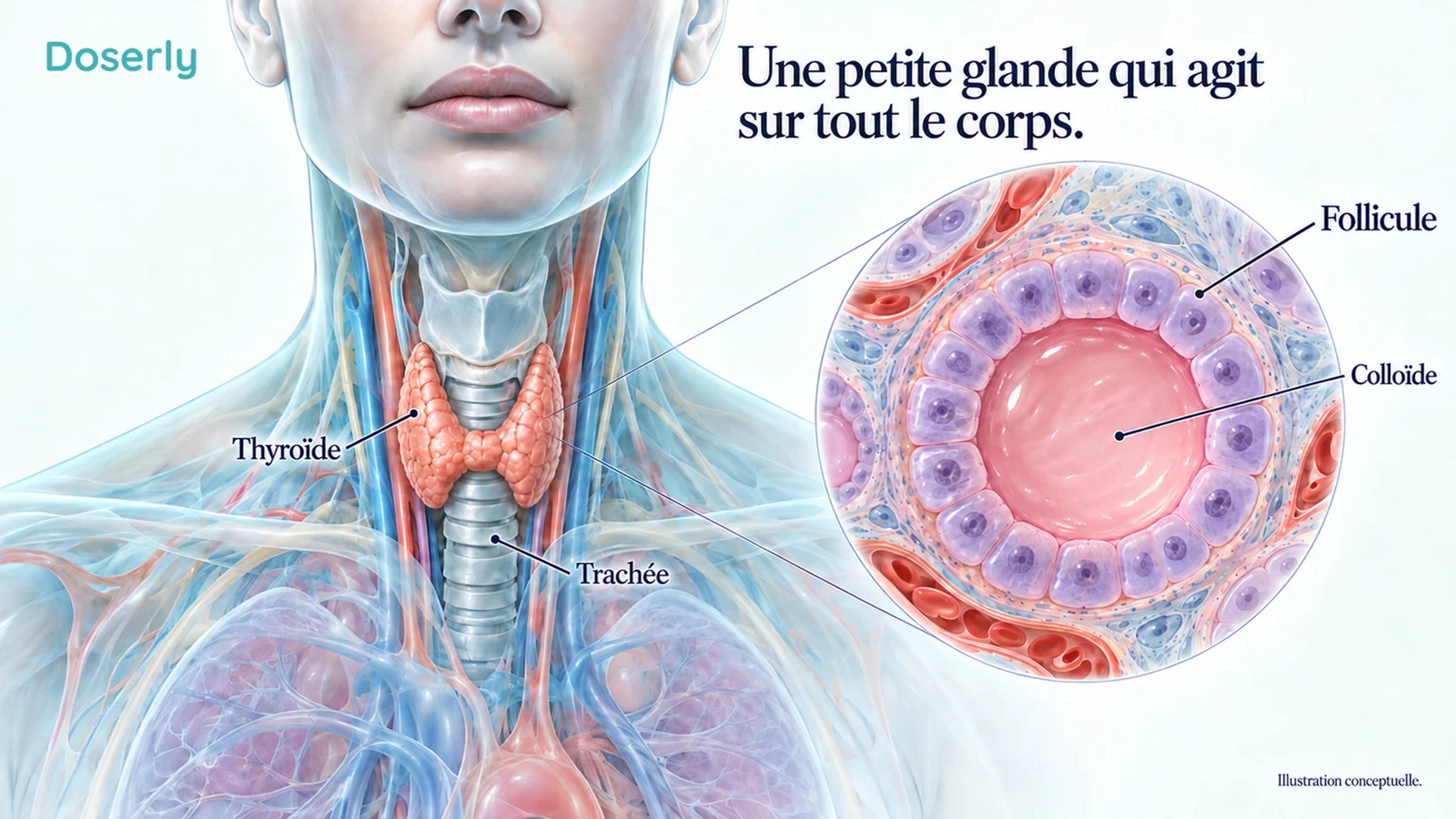 Une vue anatomique translucide de l’avant du cou met en évidence la thyroïde à côté d’un follicule agrandi rempli de colloïde.