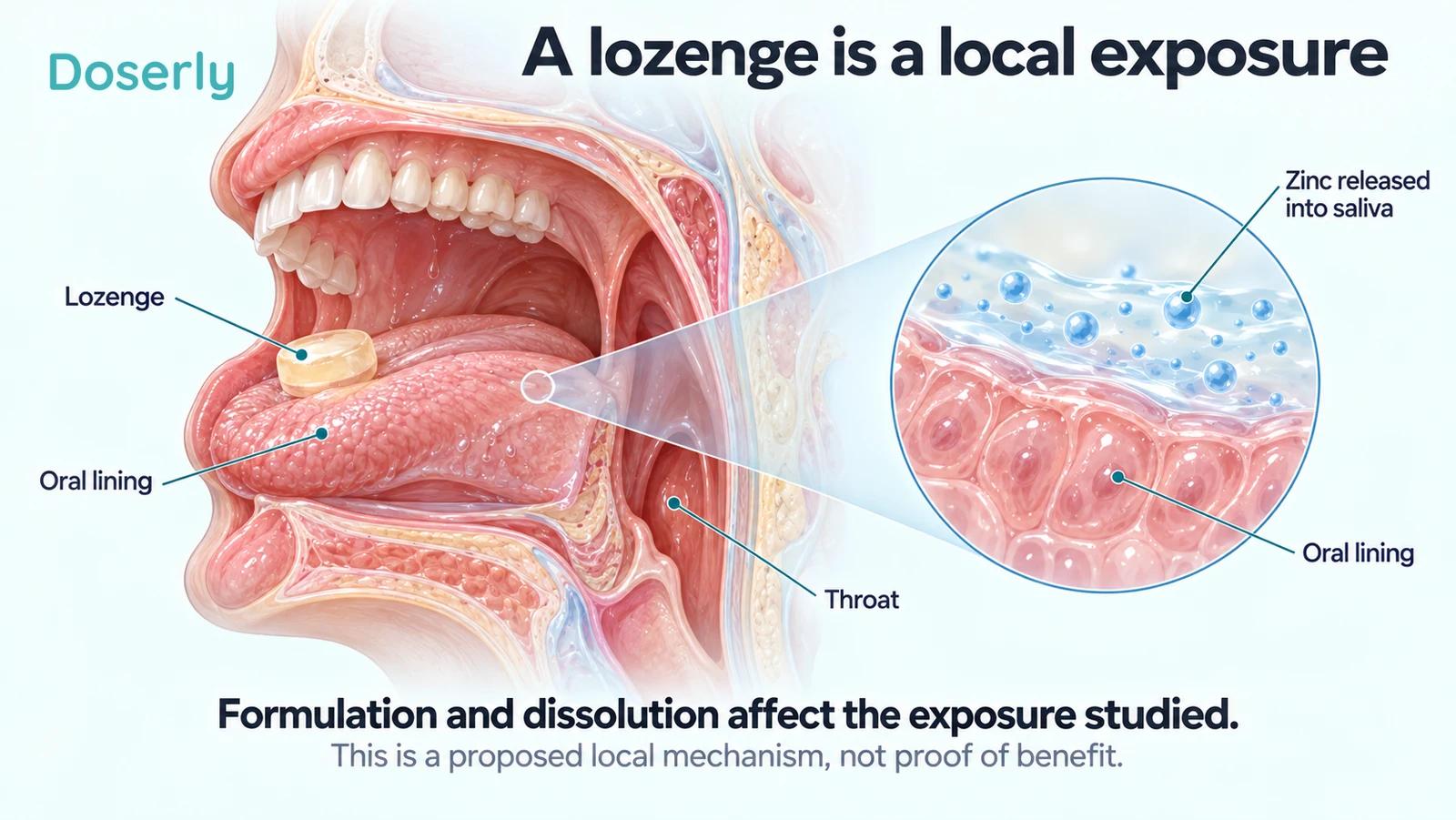 A mouth-and-throat cutaway shows a lozenge on the tongue and a magnified saliva layer over oral tissue.