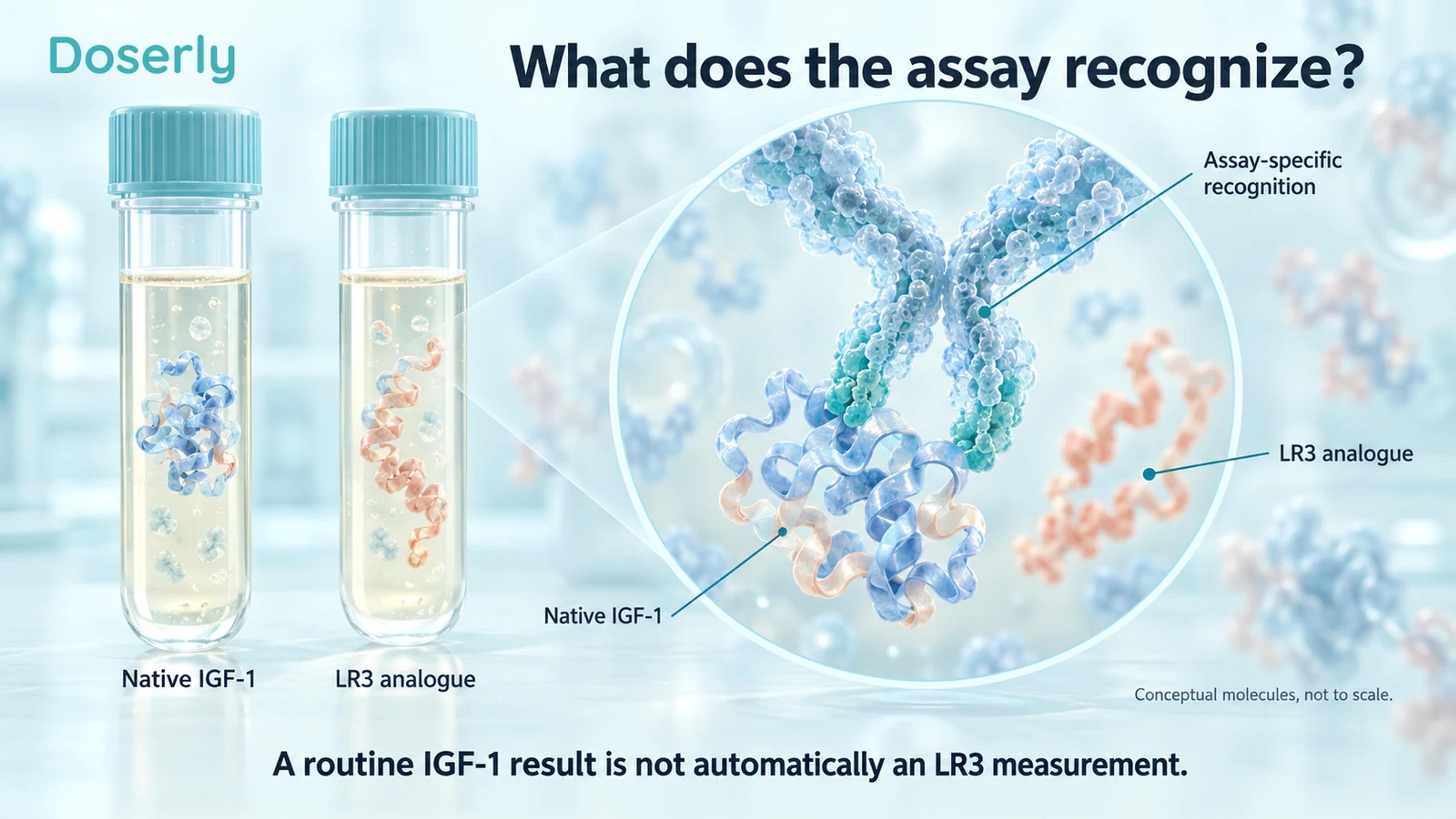 Conceptual native IGF-1 and LR3 proteins alongside antibody recognition in a laboratory assay.