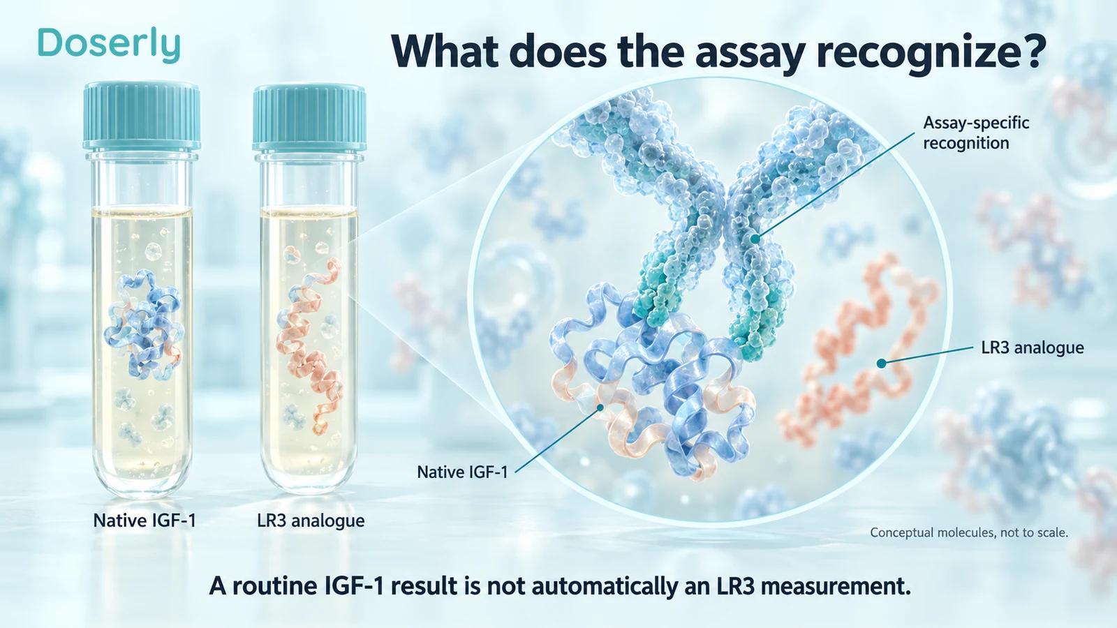 Conceptual native IGF-1 and LR3 proteins alongside antibody recognition in a laboratory assay.
