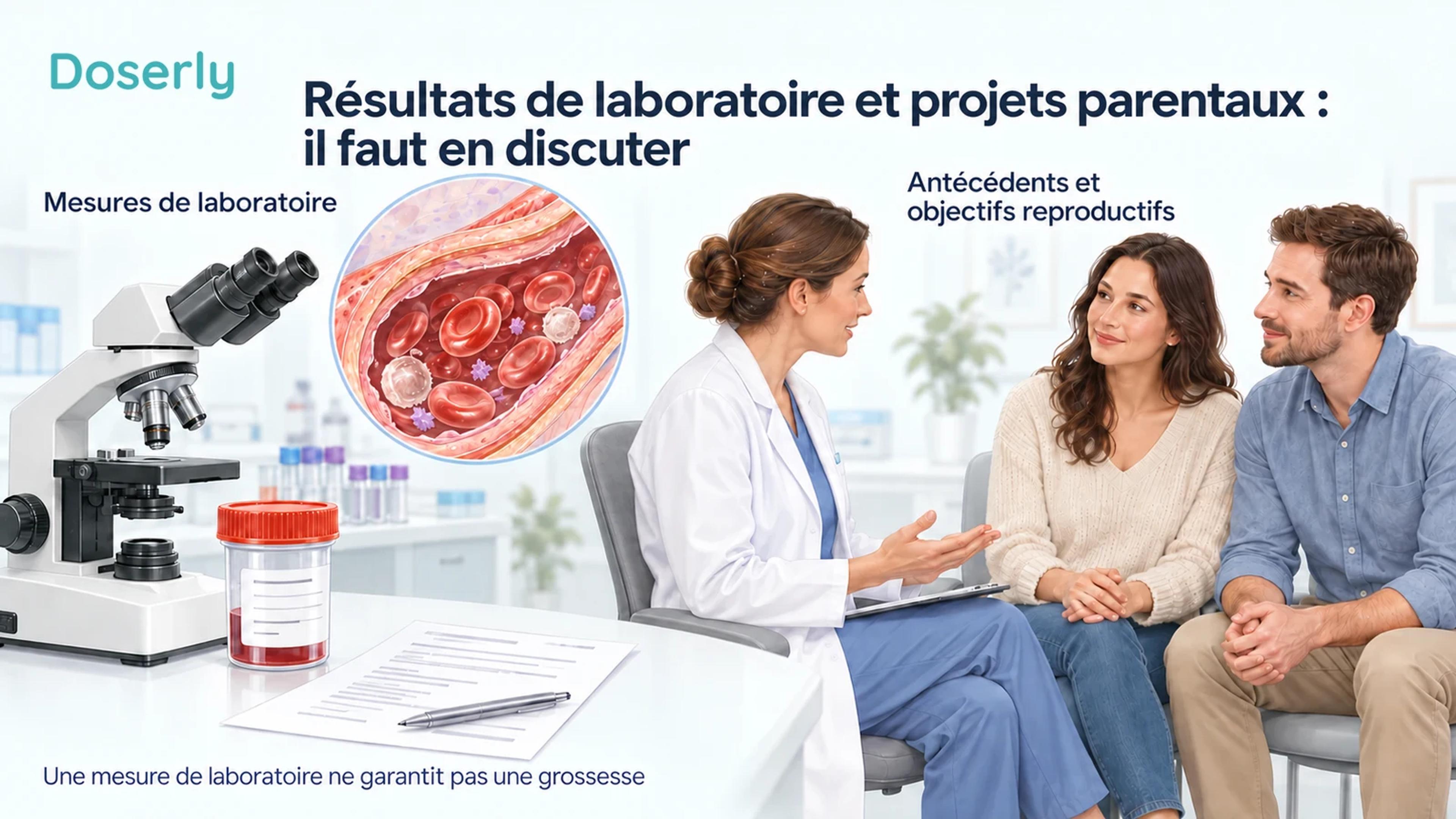 Un microscope et un contenant d’échantillon fermé à côté d’un encadré montrant un vaisseau sanguin et d’un couple vêtu discutant de ses objectifs reproductifs avec un clinicien.