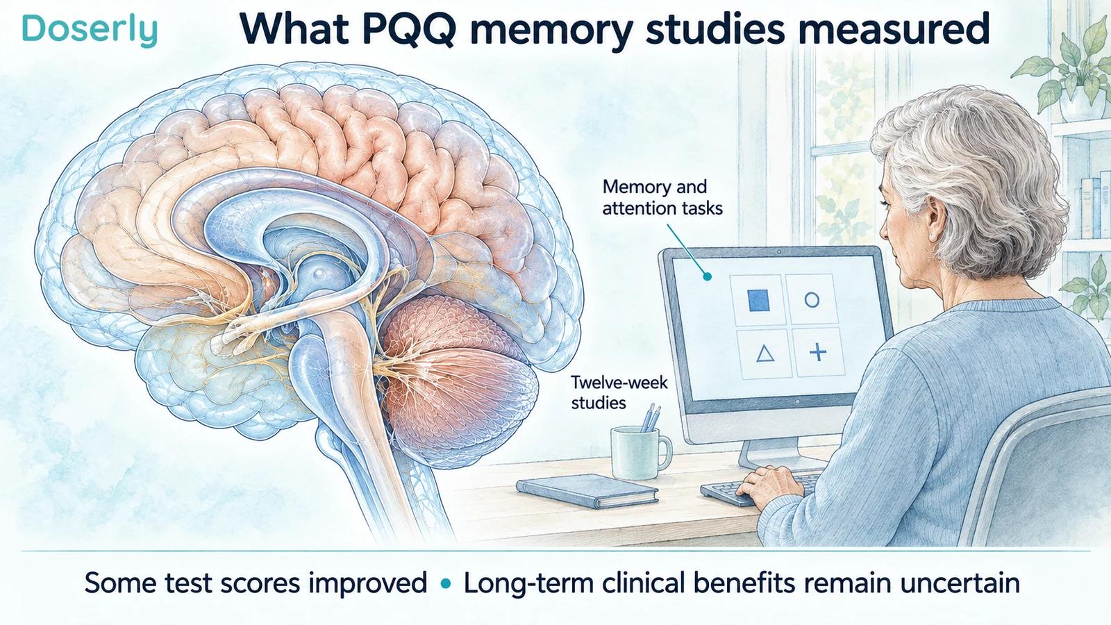 A detailed conceptual brain and an older adult completing a memory task illustrate what PQQ cognitive studies assessed.