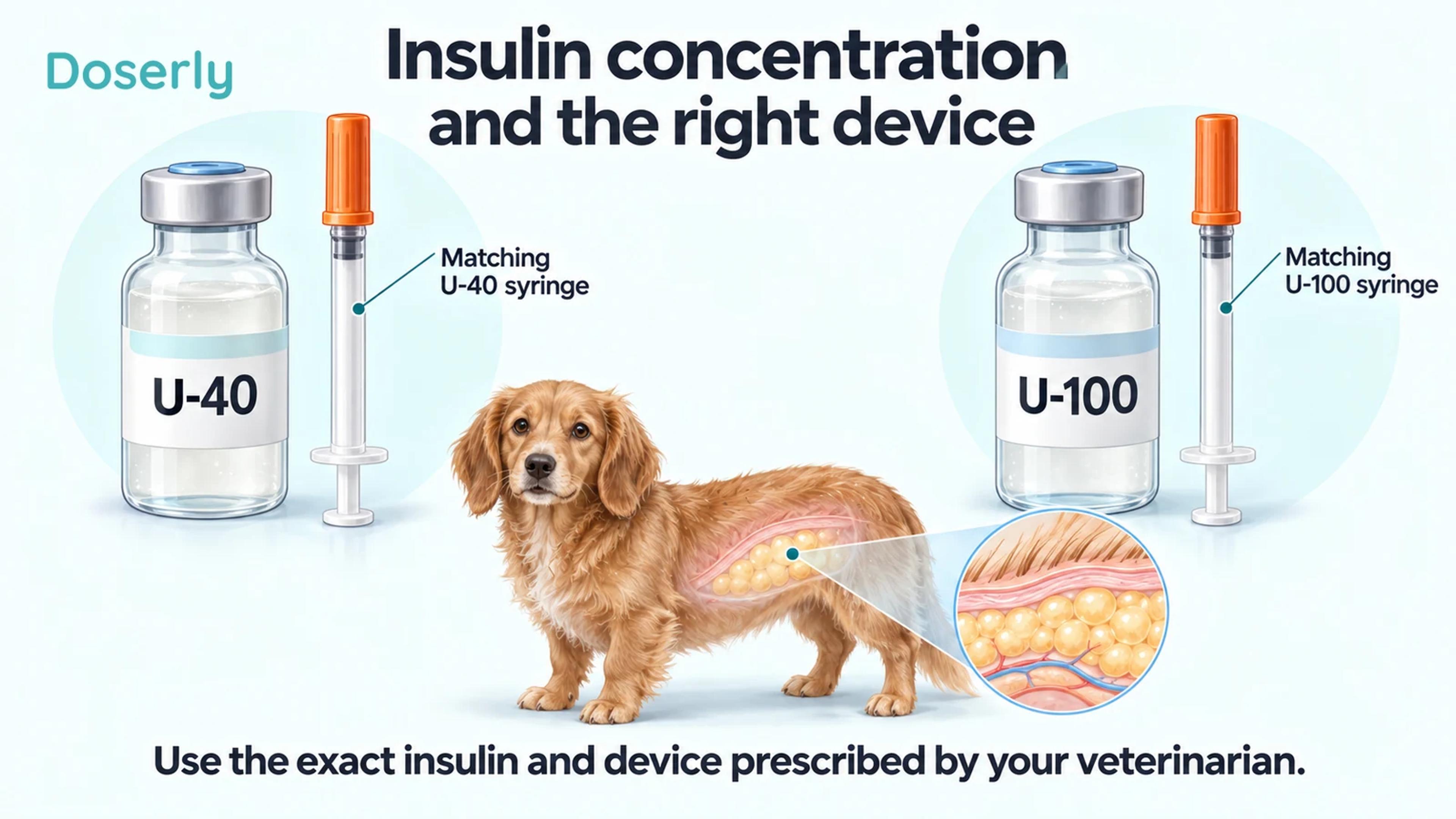 Two clearly separated insulin vials marked U-40 and U-100 with their matching capped syringes beside a dog and skin inset.