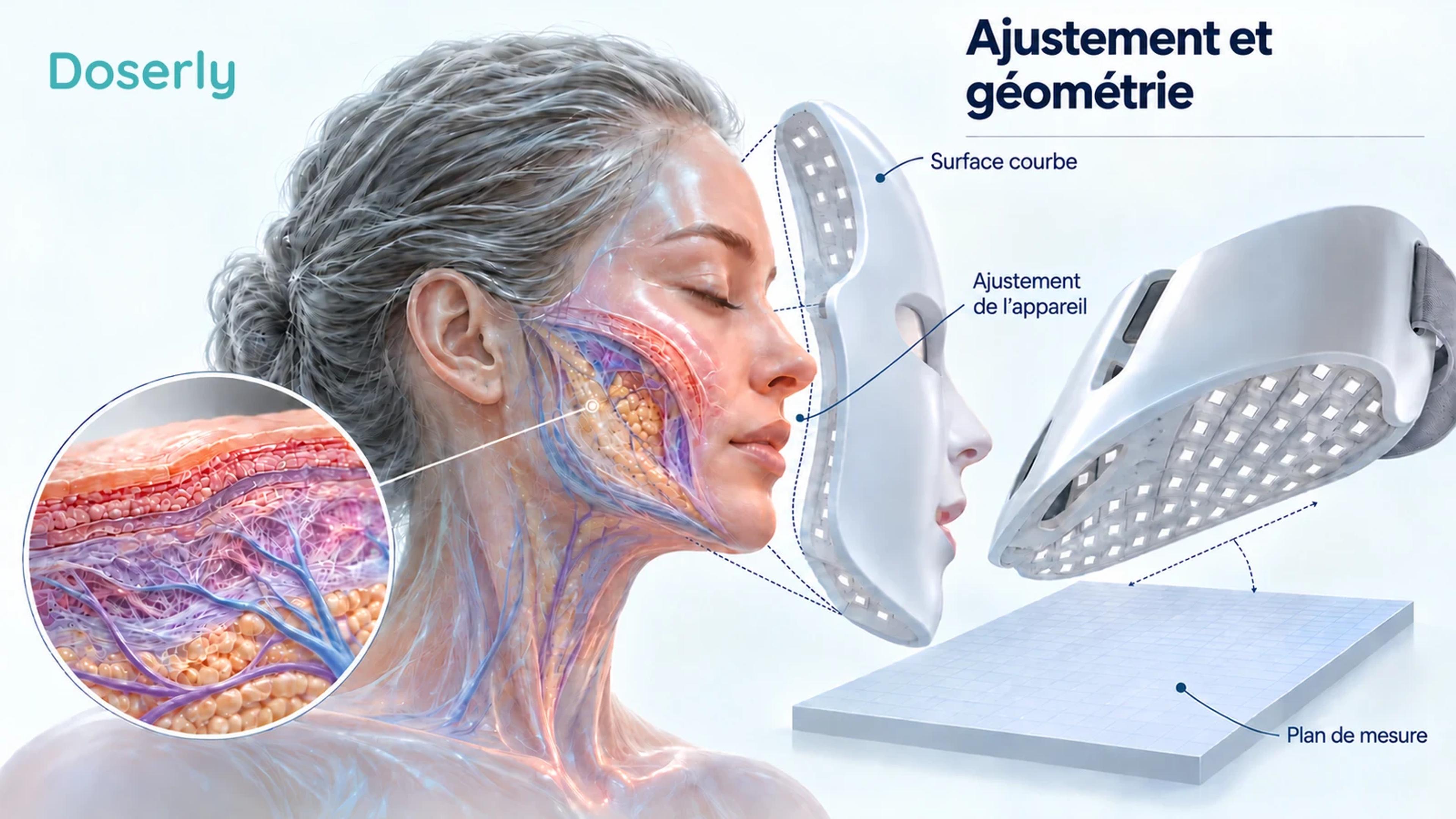 Un visage courbé et un plan de mesure plat illustrent pourquoi l’ajustement de l’appareil, l’angle et la distance peuvent modifier l’éclairage.
