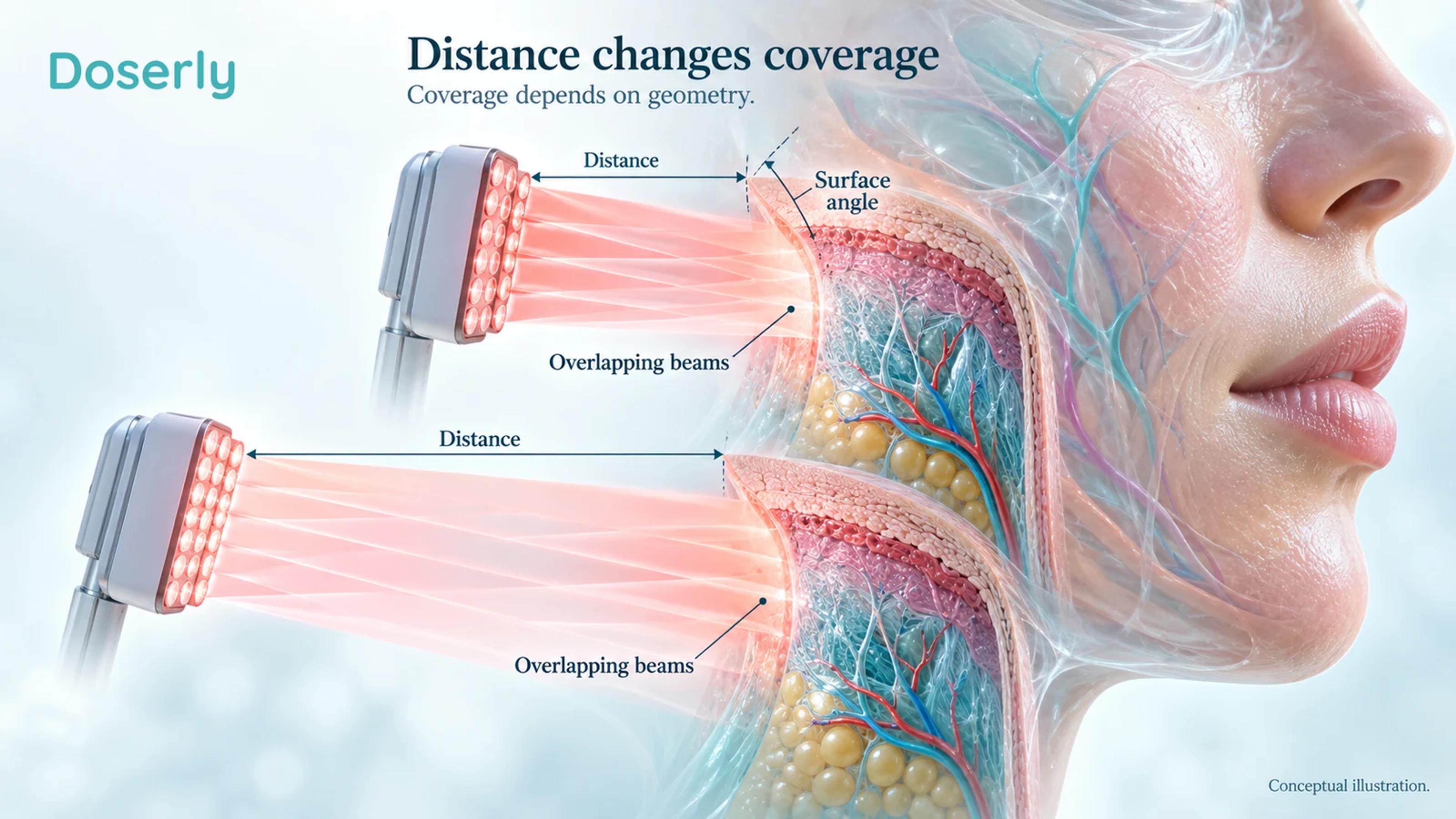 Two conceptual LED arrangements cast overlapping light onto a curved skin surface, showing how distance and angle change coverage.