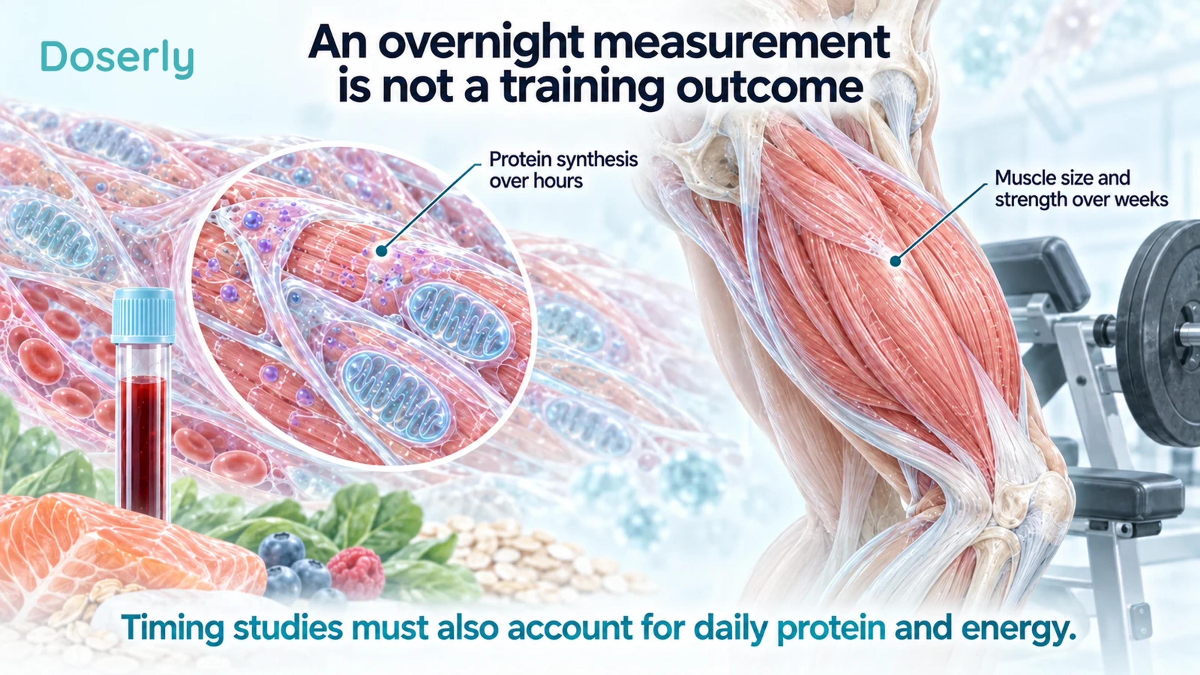A muscle fiber and sample vial beside whole thigh anatomy distinguish short-term synthesis from longer-term training outcomes.