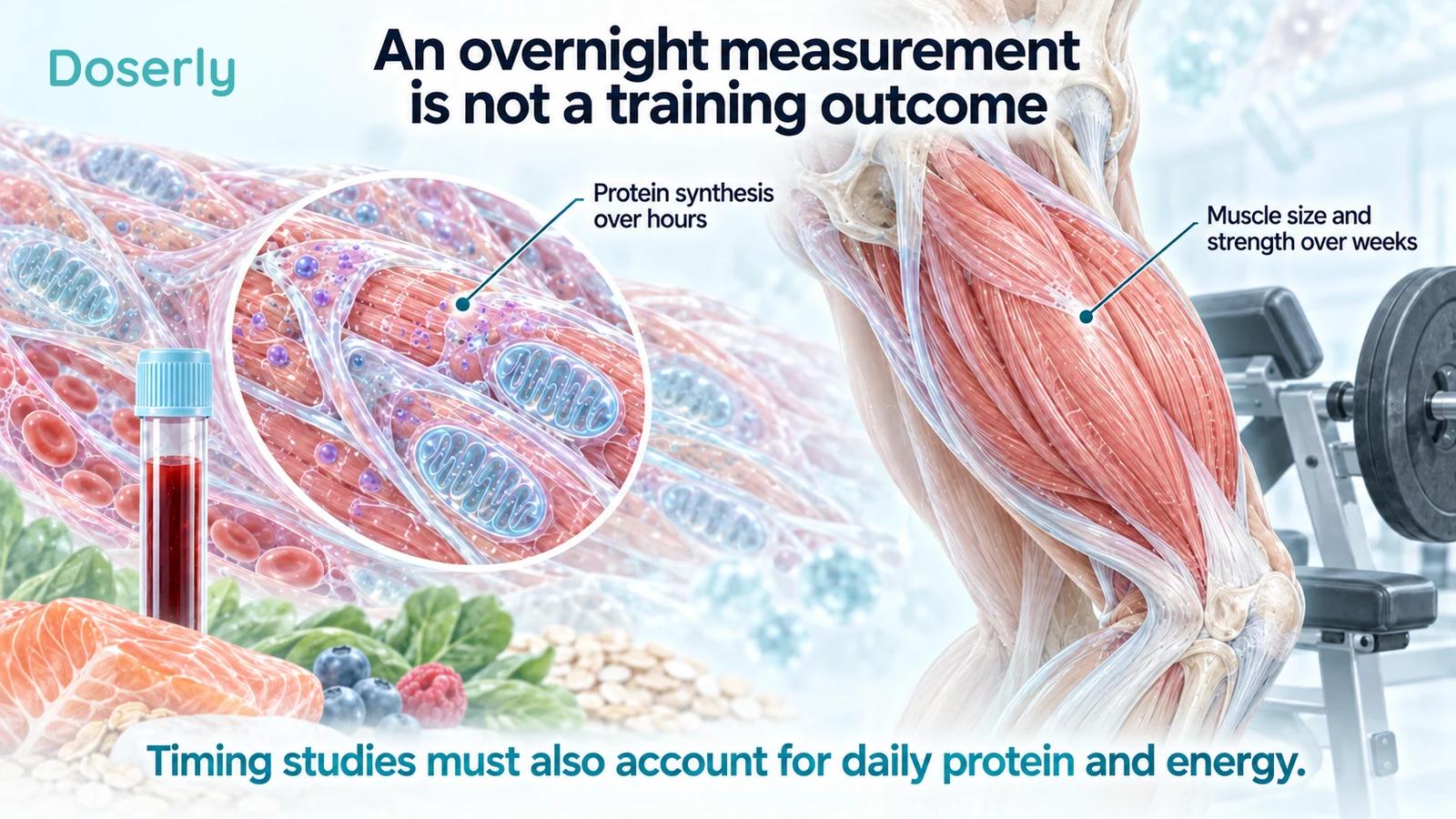 A muscle fiber and sample vial beside whole thigh anatomy distinguish short-term synthesis from longer-term training outcomes.