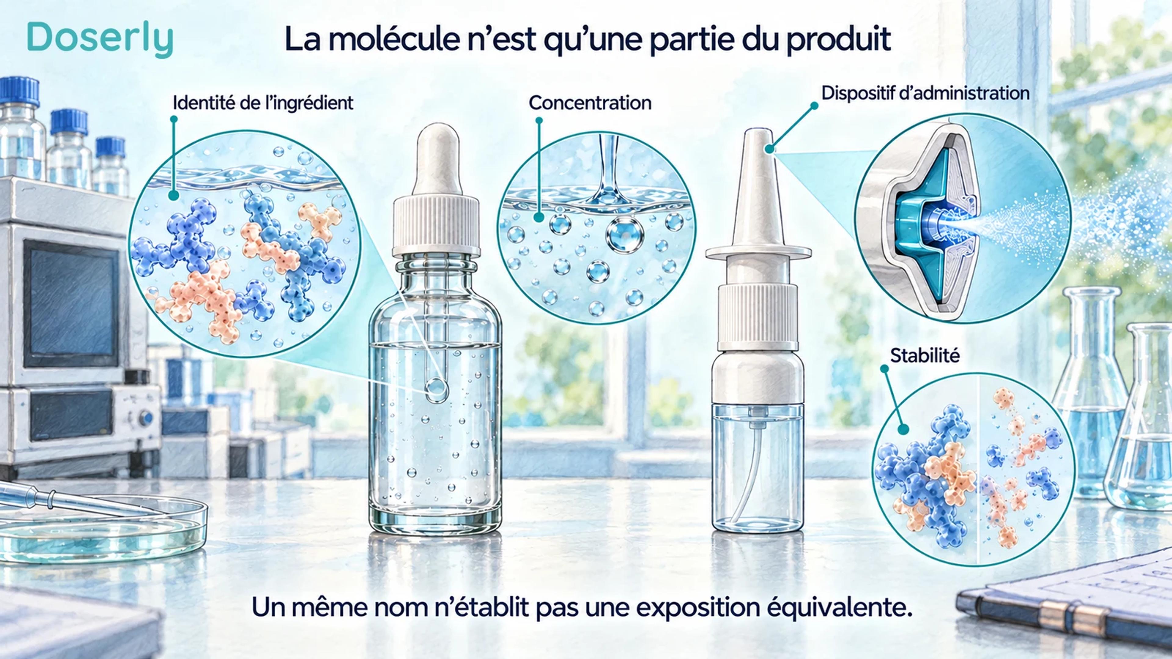 Un flacon compte-gouttes et un vaporisateur nasal à côté de détails conceptuels du liquide, de l’embout et de la stabilité.