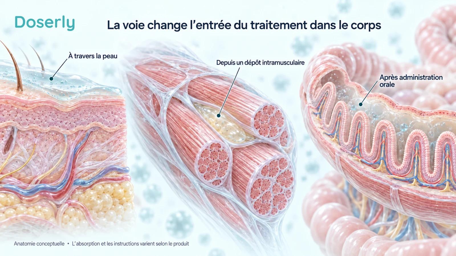 Des illustrations détaillées de la peau, d’un dépôt huileux intramusculaire et de l’intestin montrent des voies d’entrée distinctes, sans classer leur innocuité ni représenter une dose.