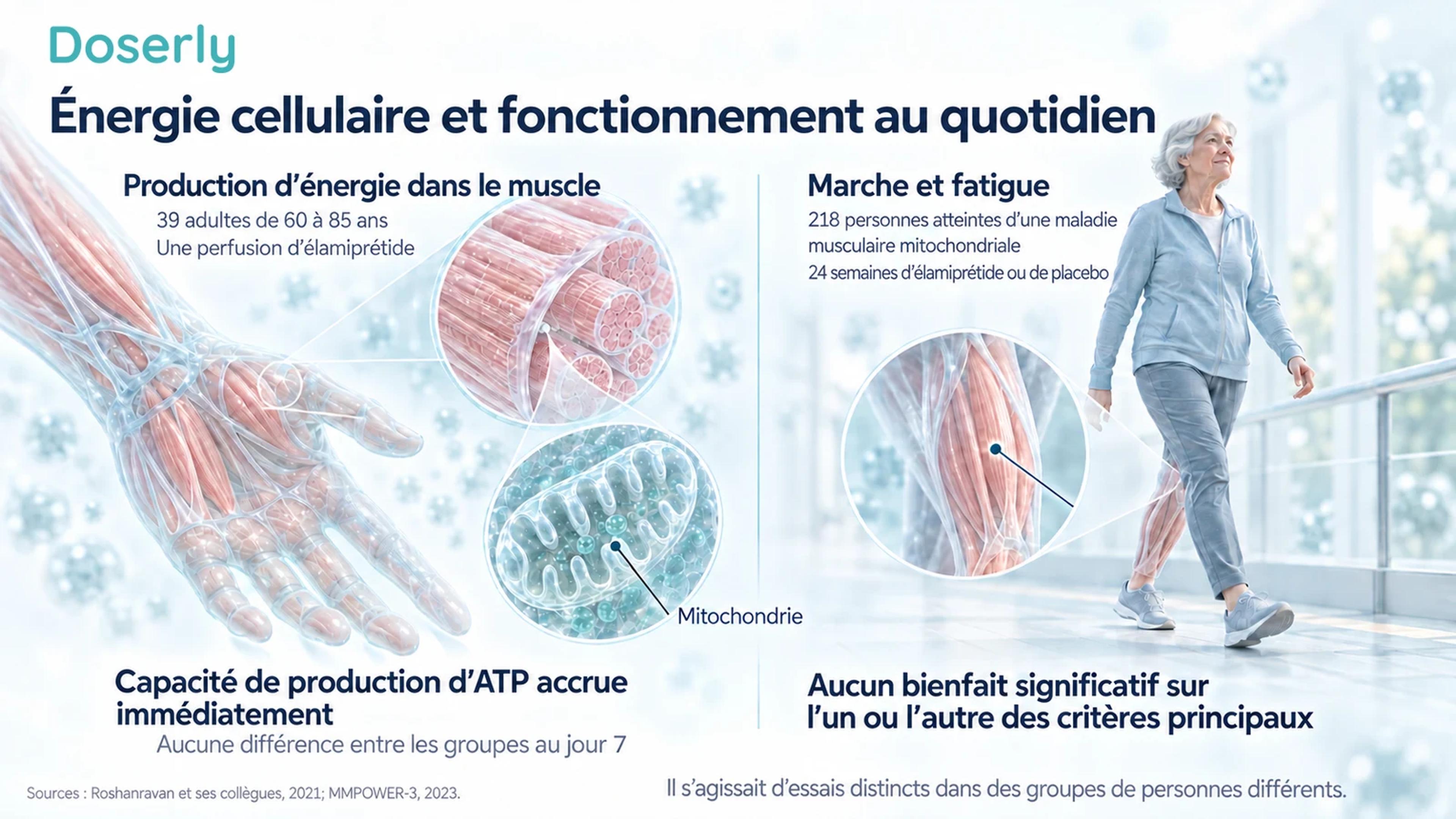 Comparaison illustrée d’une étude sur l’ATP dans un muscle de la main chez 39 adultes âgés et d’un essai distinct sur la marche et la fatigue chez 218 personnes atteintes d’une maladie musculaire mitochondriale.