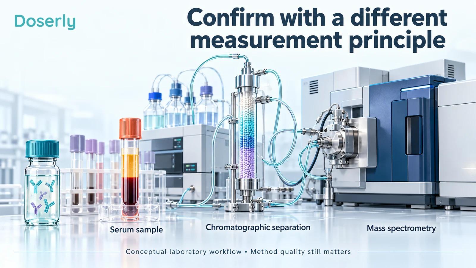 A chromatography column and mass spectrometry instrument appear beside two labeled specimen pathways for comparing laboratory methods.