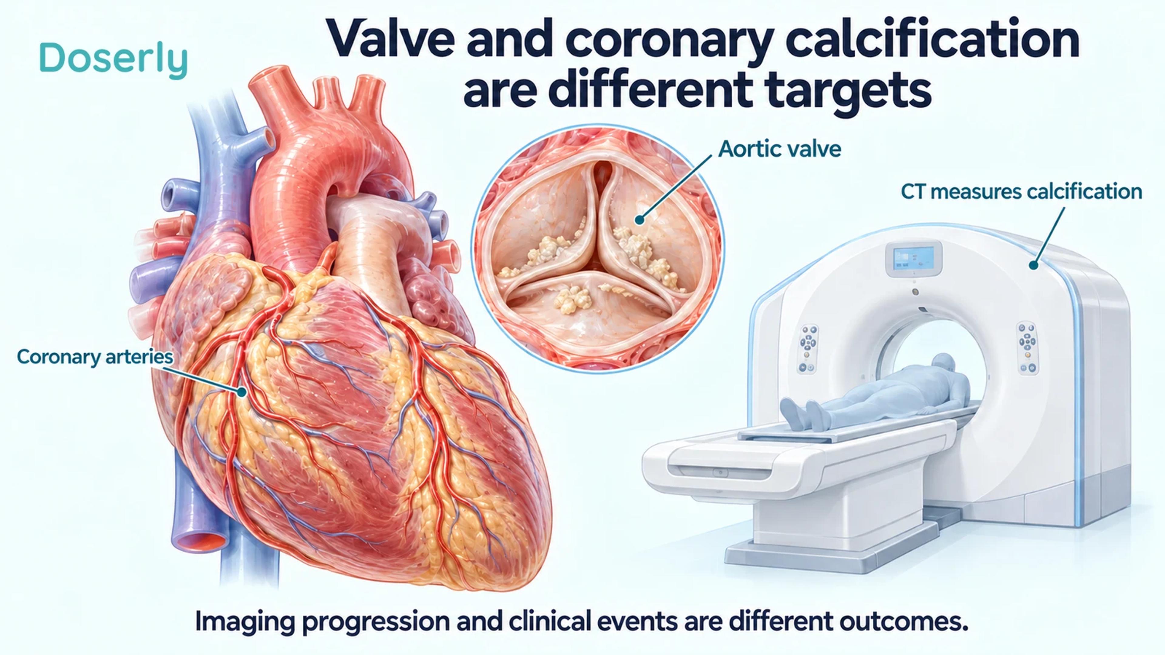 An anatomical heart distinguishes the aortic valve from the coronary arteries, with a CT scanner representing measurement of calcification.