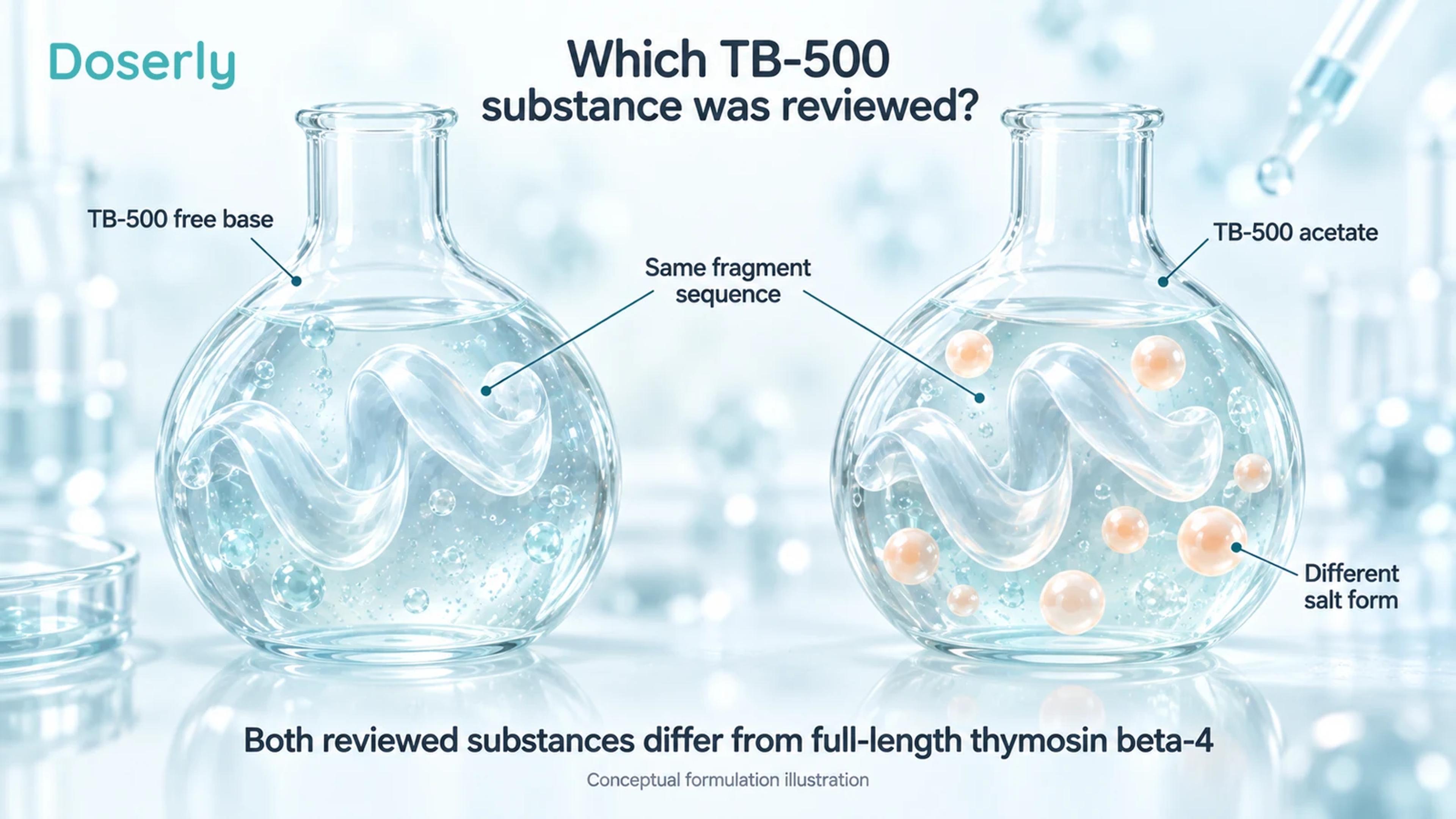 Conceptual free-base and acetate preparations of the same short TB-500 fragment in separate laboratory vessels.