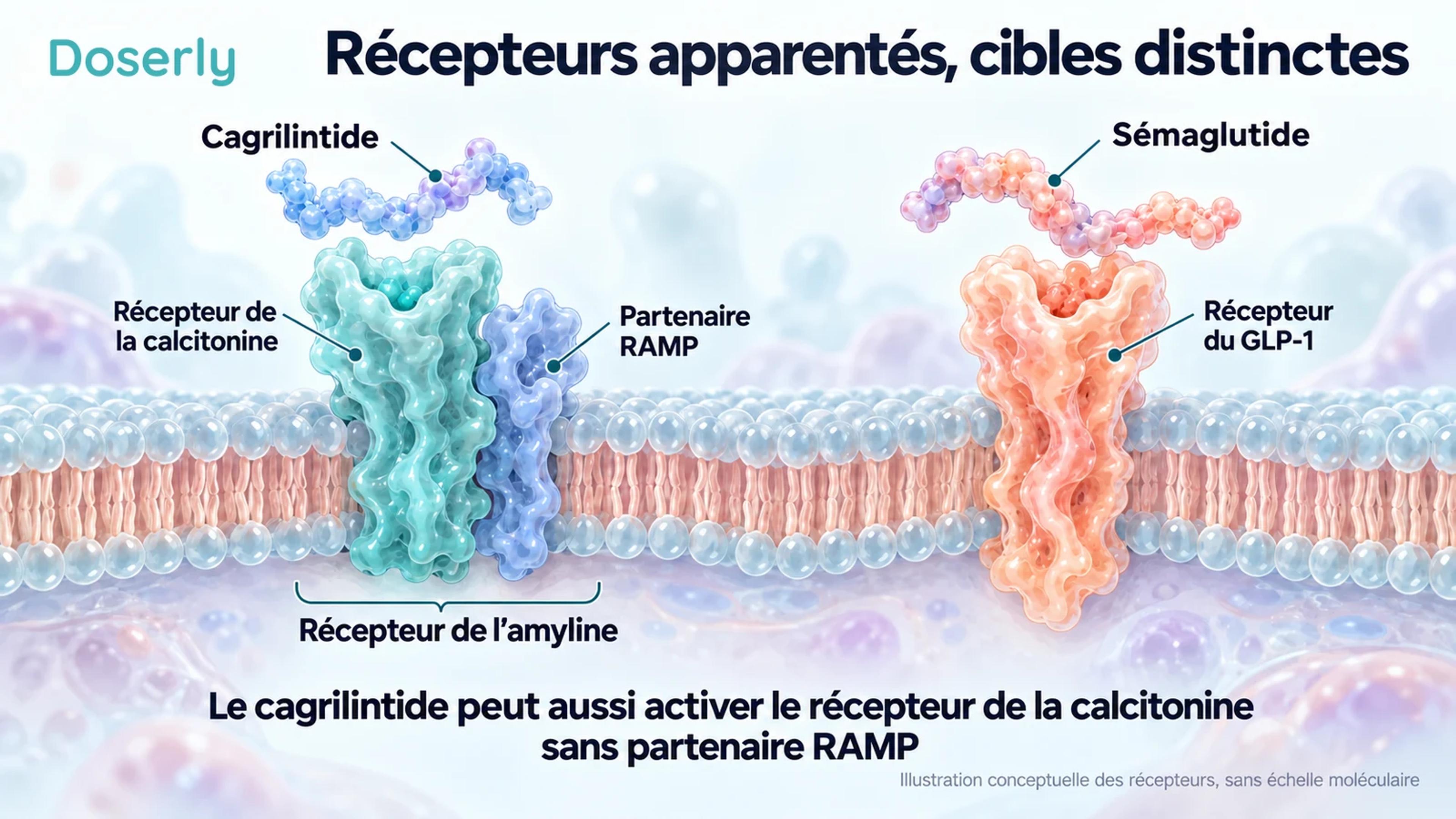 Représentation conceptuelle de récepteurs de la membrane cellulaire : un récepteur de la calcitonine associé à un partenaire RAMP, à côté d’un récepteur distinct du GLP-1.