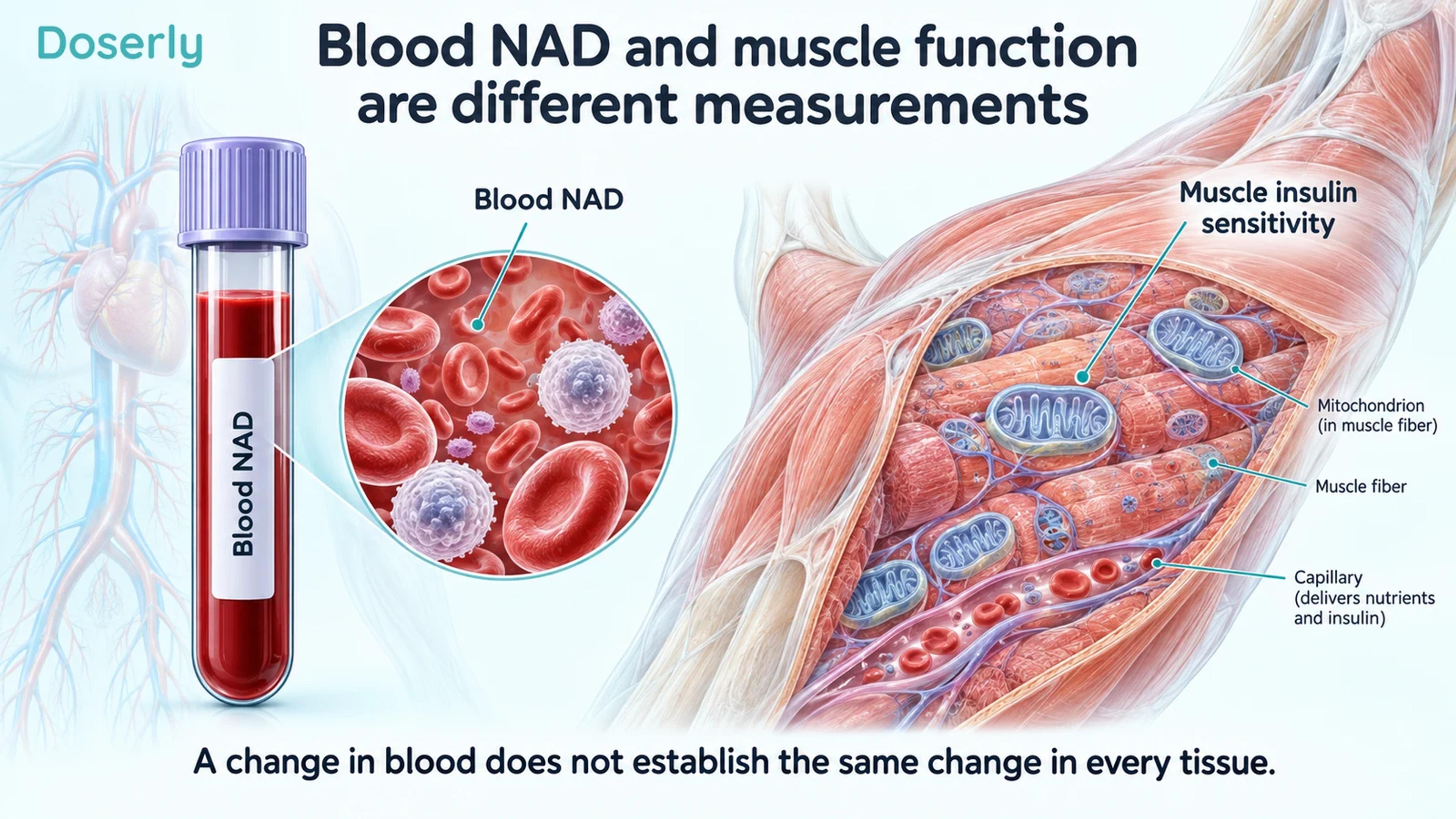 Blood sample beside magnified muscle and mitochondria, separating blood NAD from muscle insulin sensitivity.