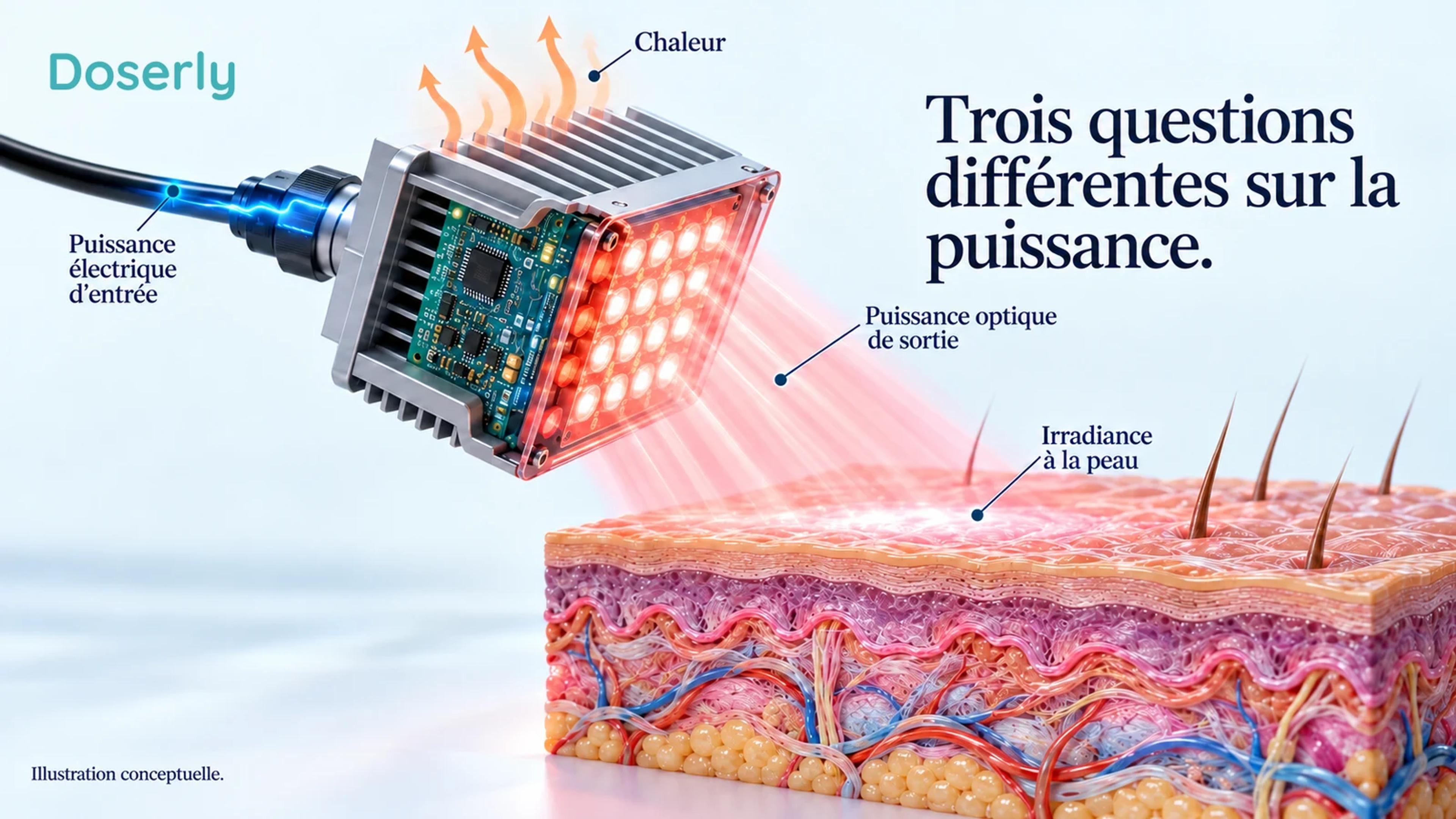 Un assemblage de DEL distingue l’alimentation électrique, la lumière optique émise et les trajets de chaleur à côté d’une surface tissulaire réceptrice.