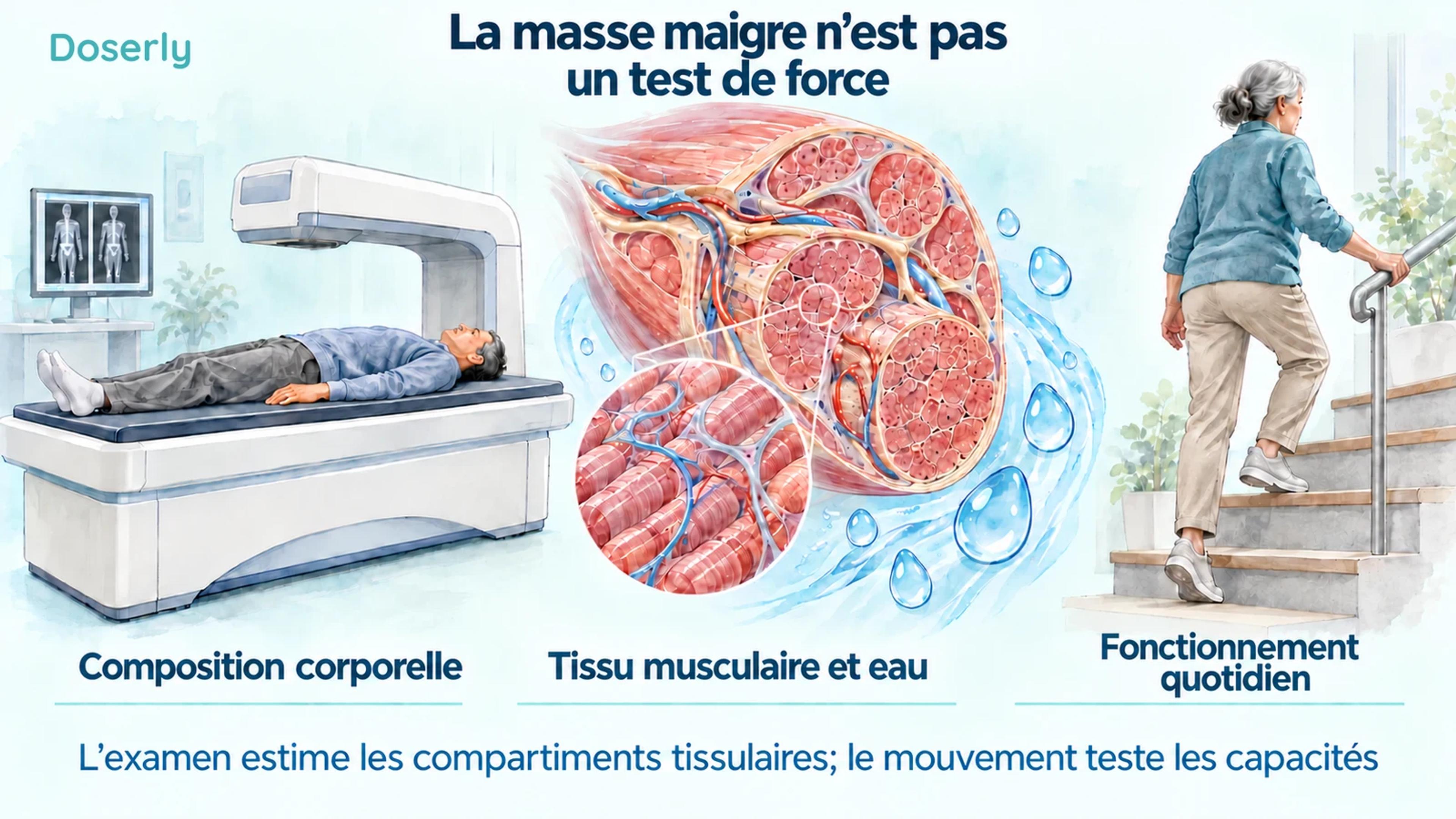 Un appareil de DXA illustré, du tissu musculaire détaillé contenant de l’eau et une personne qui monte un escalier distinguent la composition corporelle du fonctionnement quotidien.