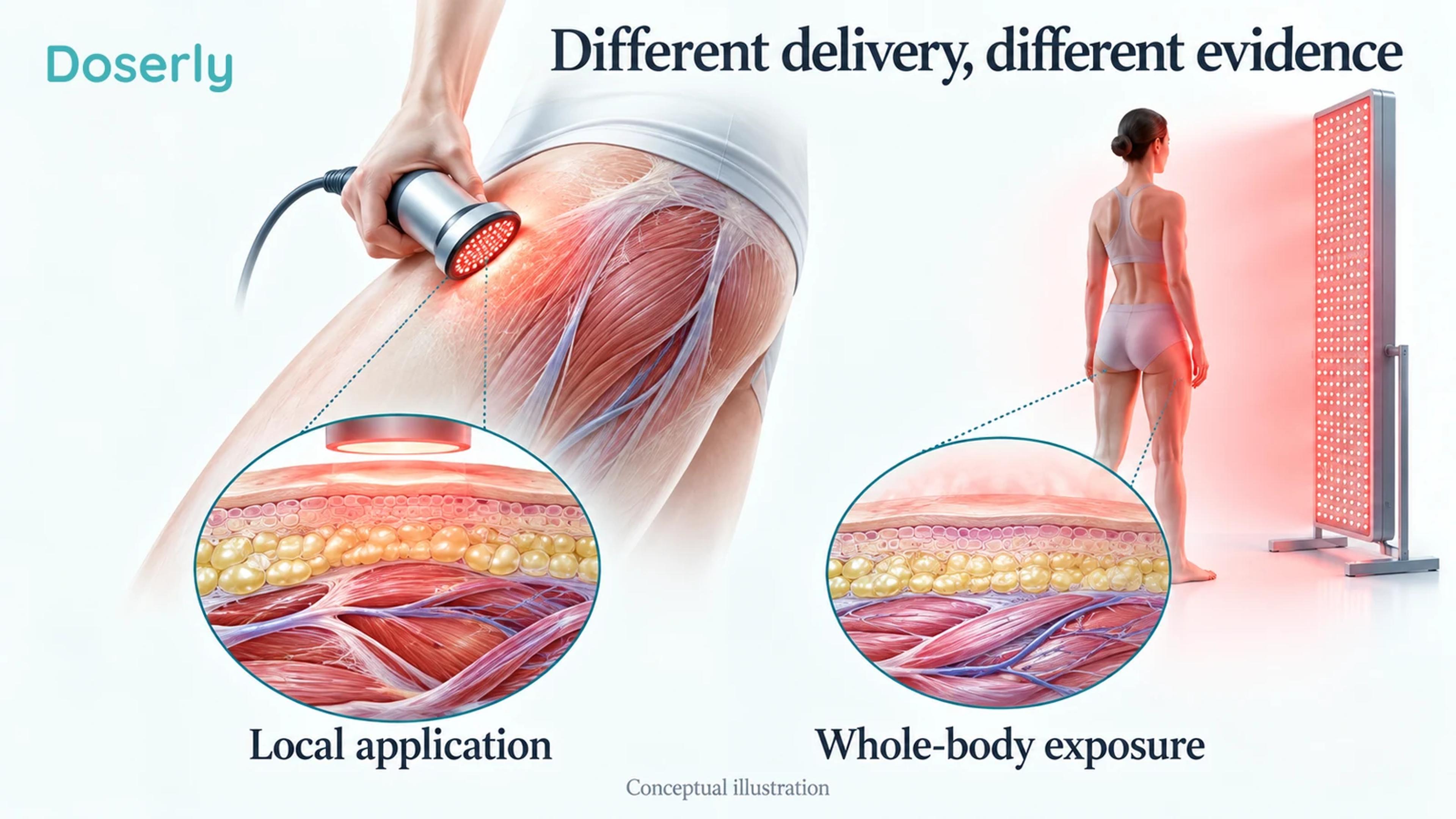 Detailed conceptual comparison of a local light probe over thigh muscle and a distant whole-body panel, with separate tissue cutaways.