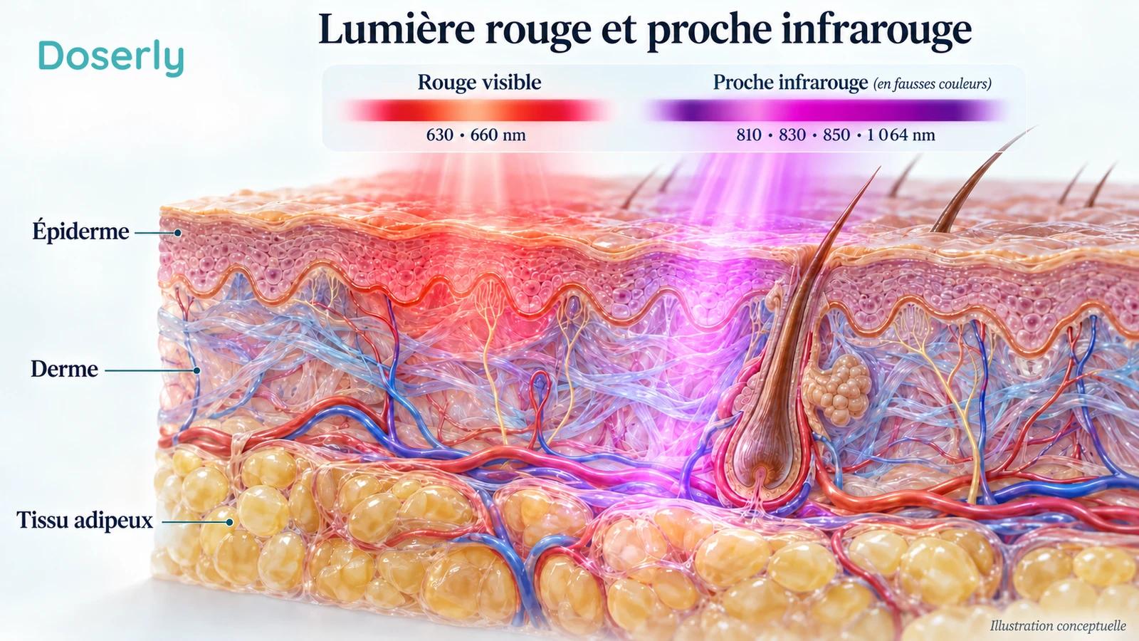 Bandes conceptuelles de rouge visible et de proche infrarouge invisible placées à côté d’une coupe détaillée de la peau.