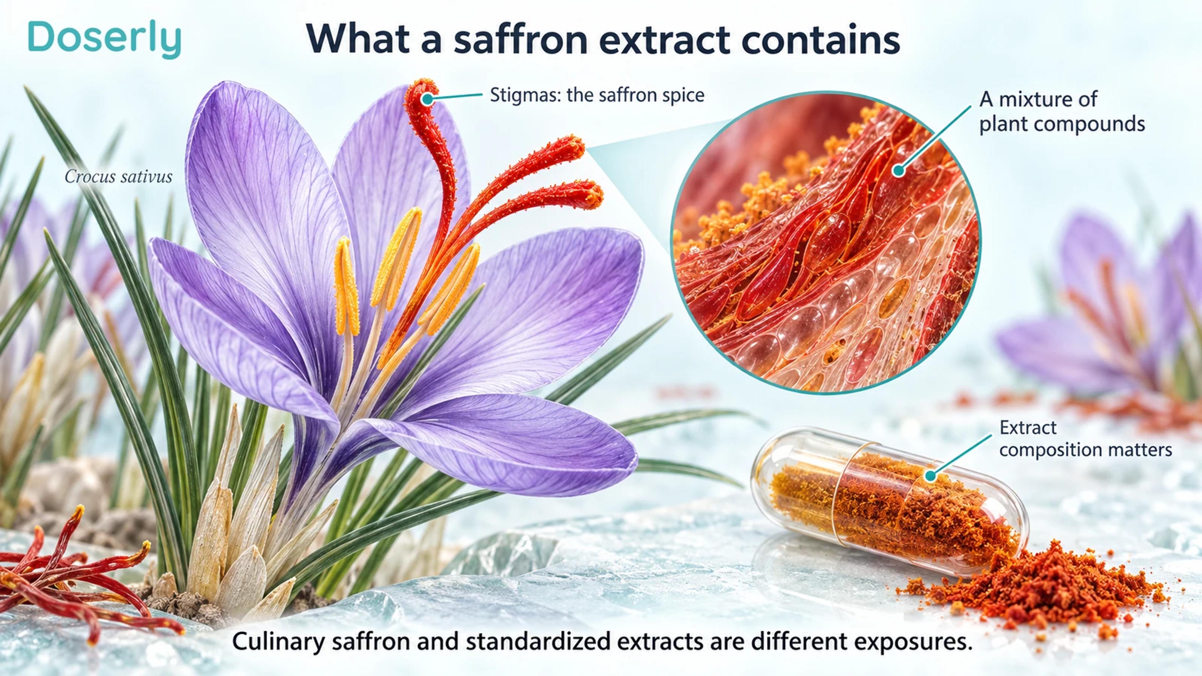 A detailed saffron flower showing red stigmas, a magnified tissue inset and an extract capsule.