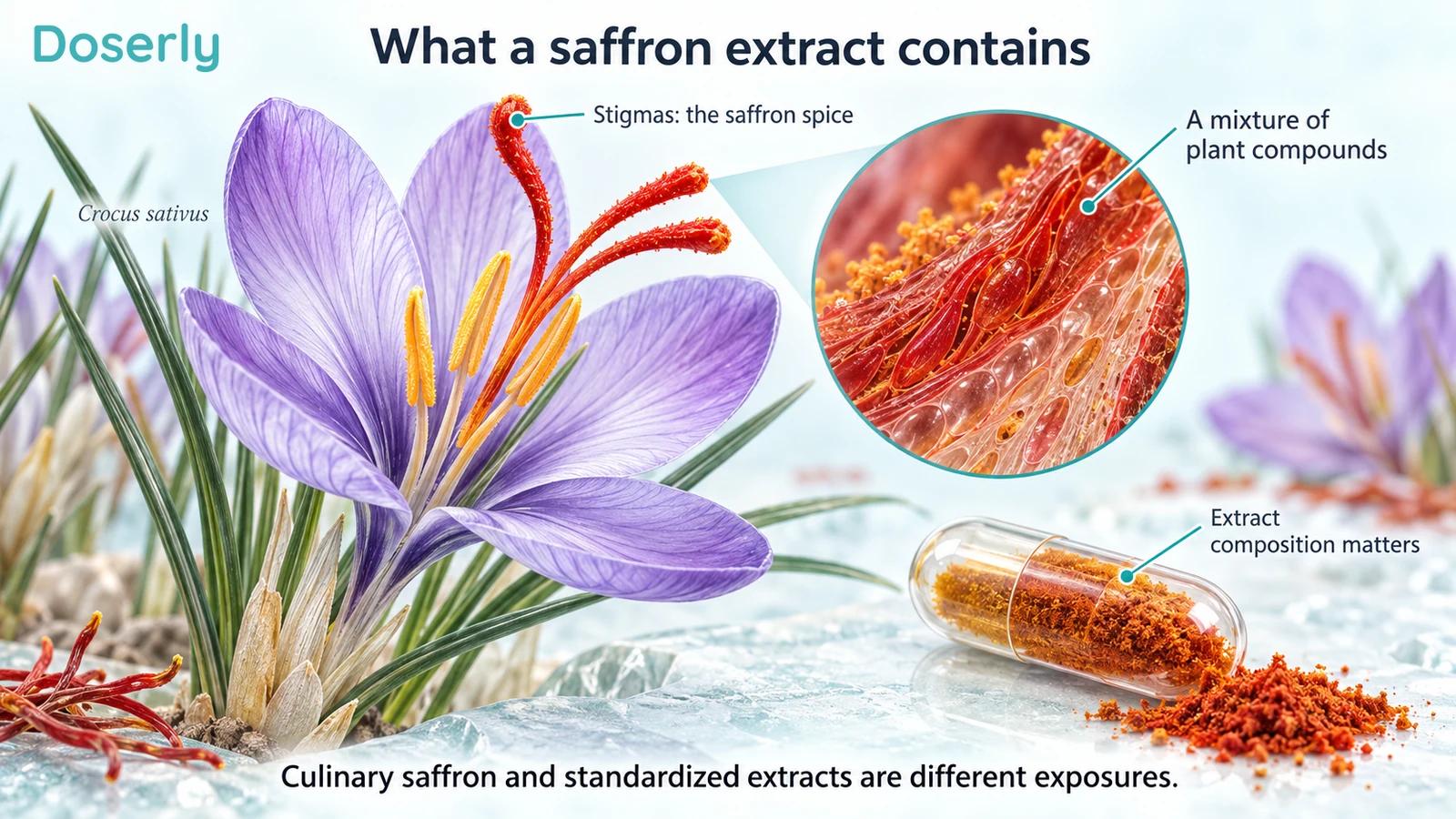 A detailed saffron flower showing red stigmas, a magnified tissue inset and an extract capsule.