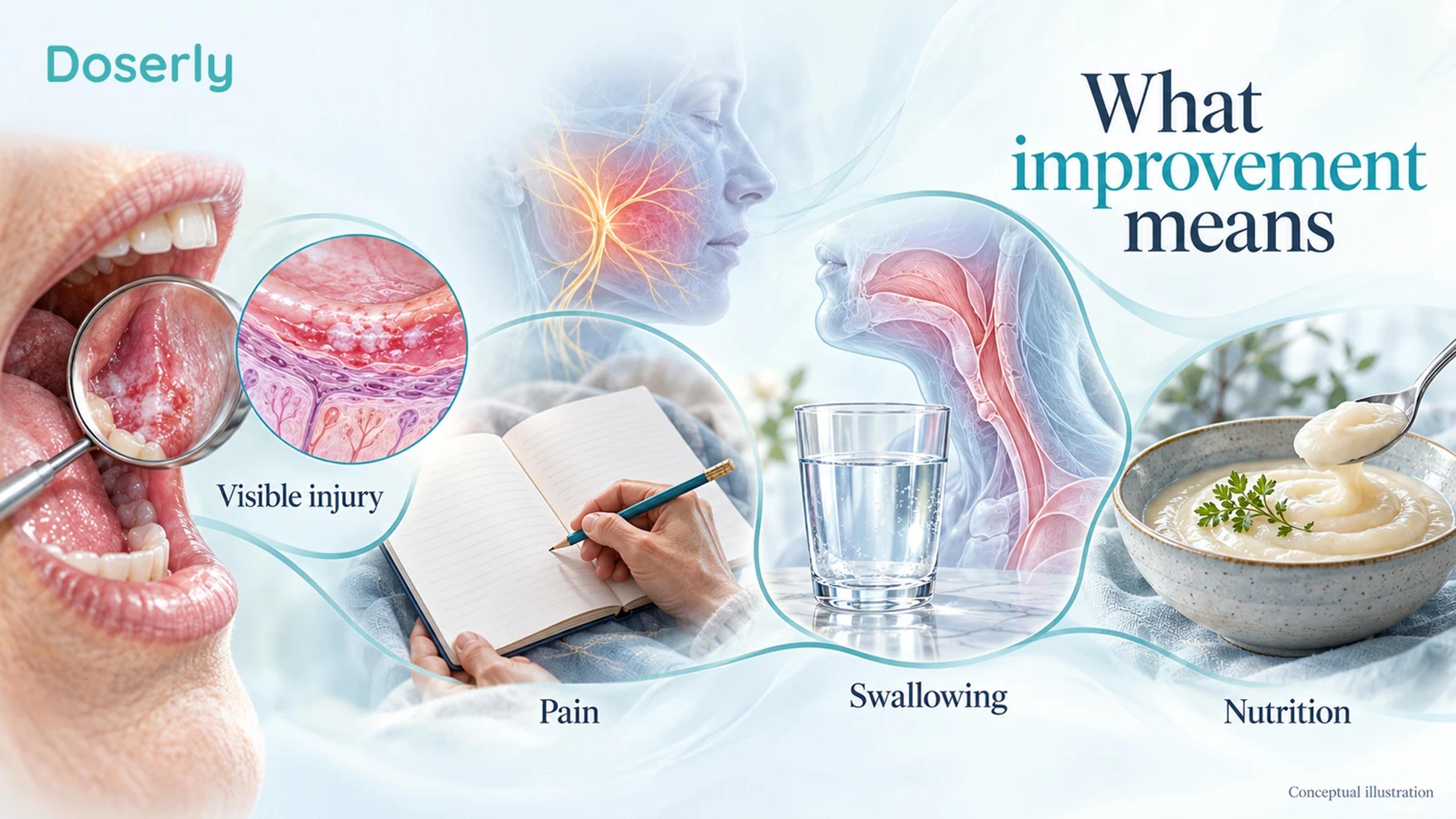 Illustrated mouth examination, drinking glass, soft meal and pain-report sheet represent different mucositis outcomes.