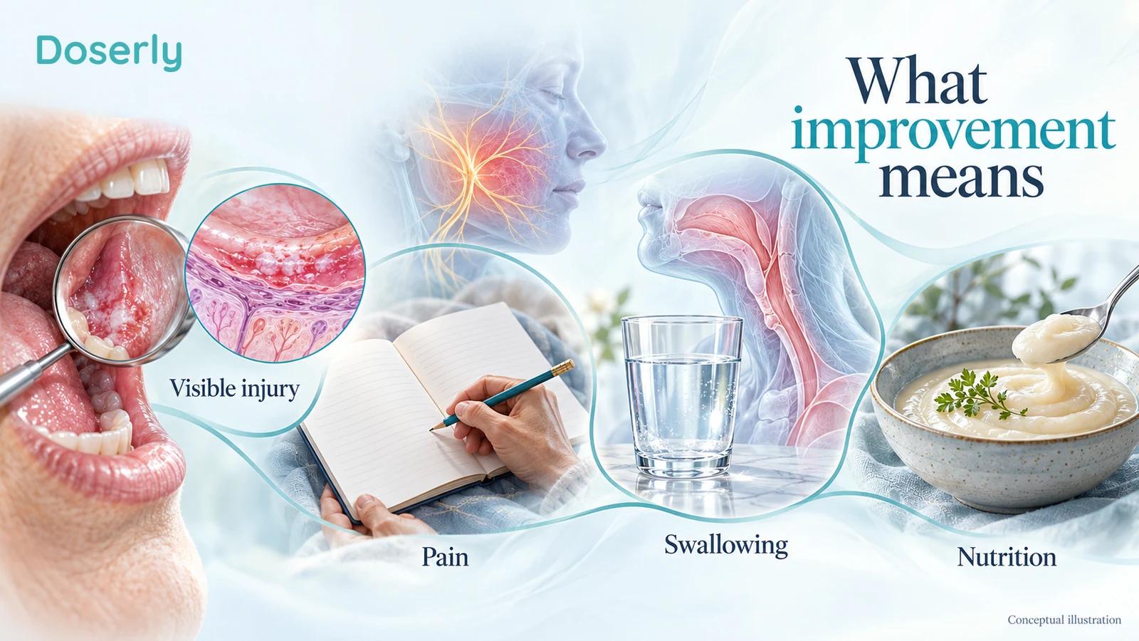 Illustrated mouth examination, drinking glass, soft meal and pain-report sheet represent different mucositis outcomes.