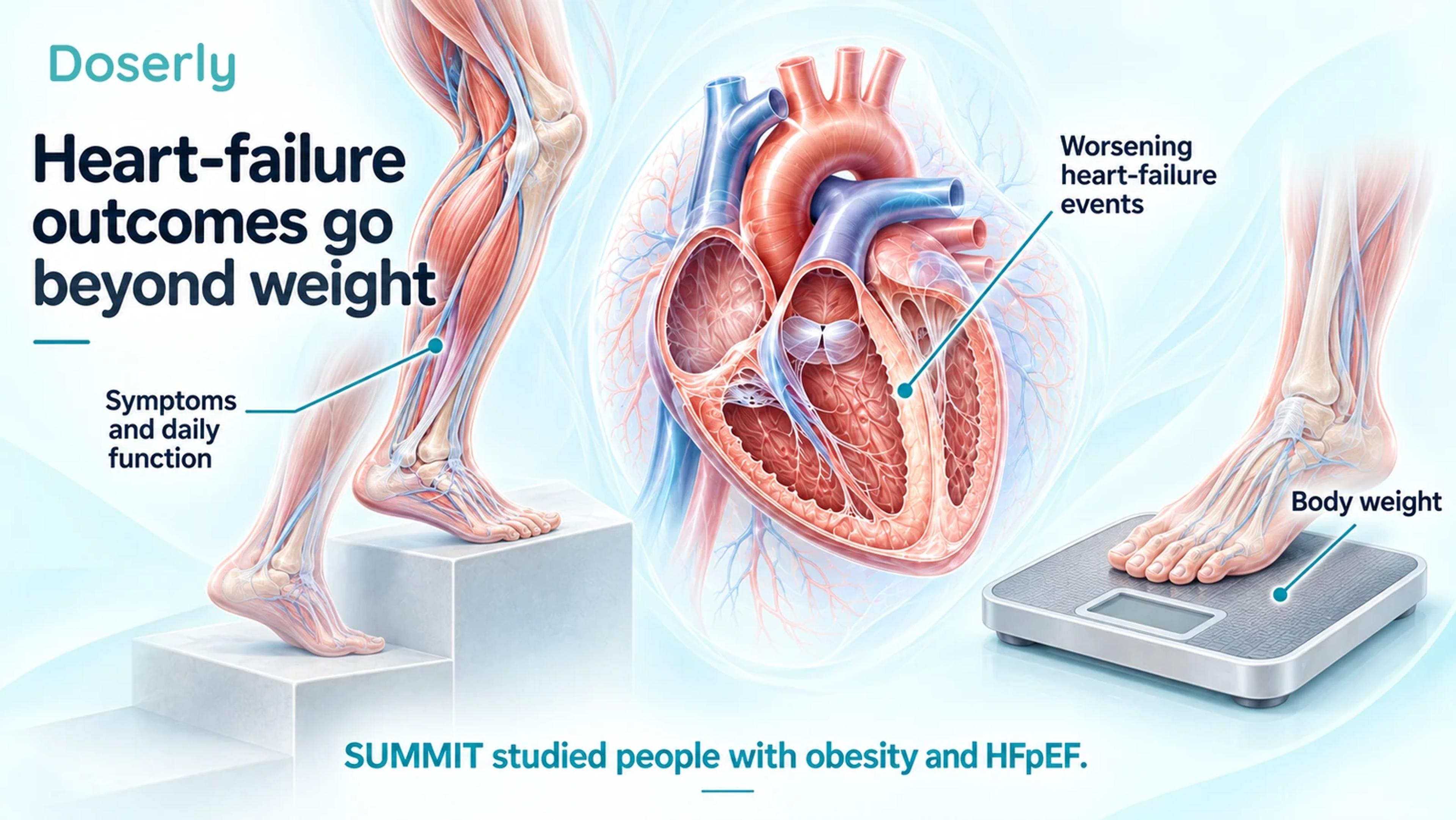 Anatomical lower limbs on steps, a cutaway heart, and a foot on a scale illustrating distinct trial outcomes.