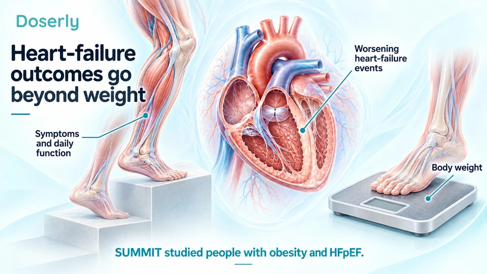 Anatomical lower limbs on steps, a cutaway heart, and a foot on a scale illustrating distinct trial outcomes.