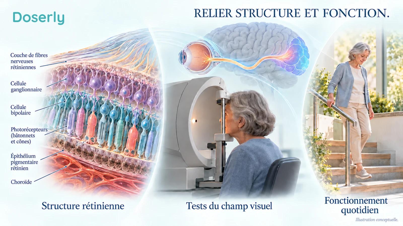 Voie visuelle conceptuelle reliant la structure rétinienne à la signalisation nerveuse, puis aux tâches visuelles quotidiennes, sans imagerie de patients ni résultats numériques