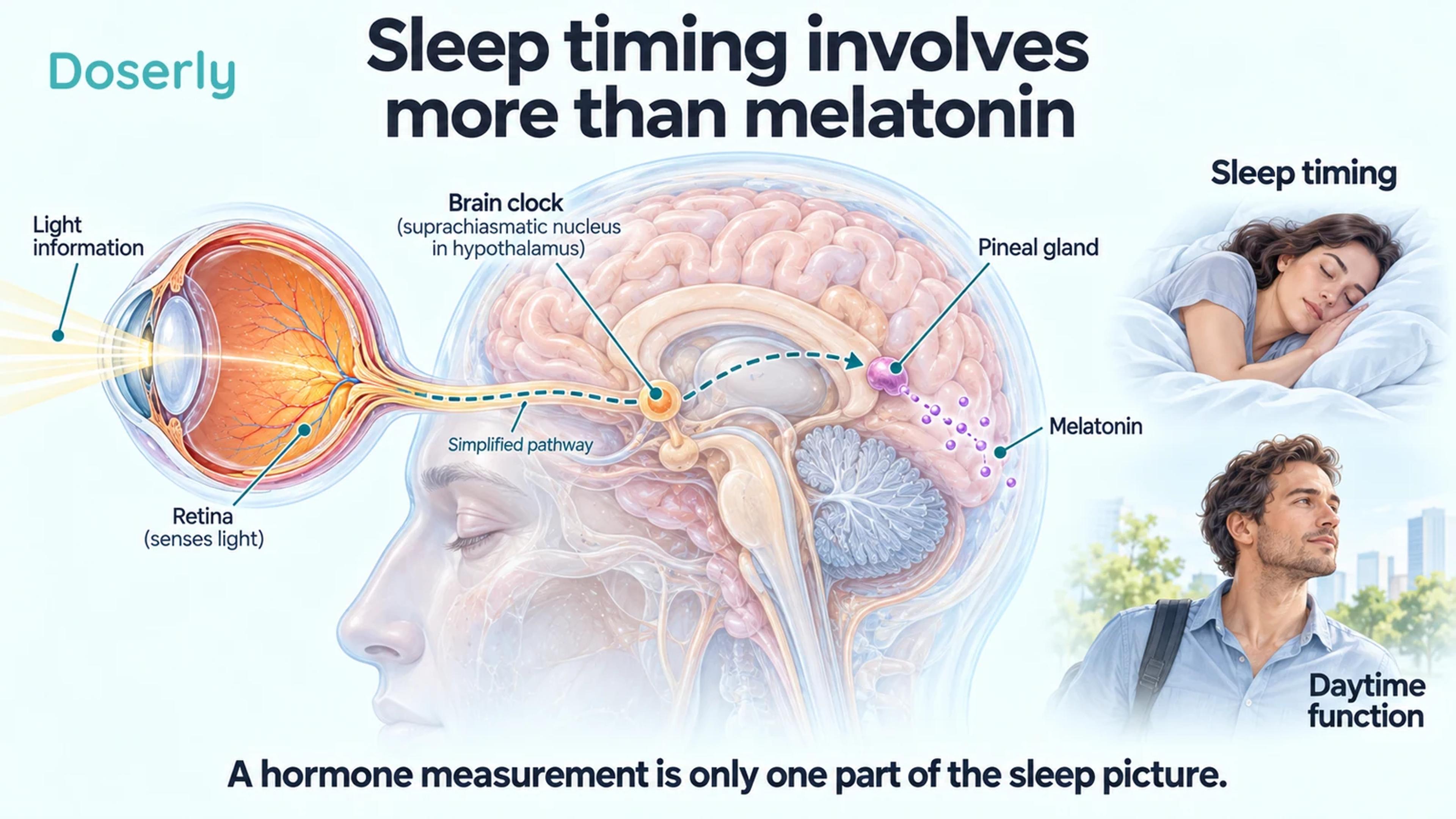 Light information, the brain clock and pineal gland shown in a simplified anatomical pathway, beside sleep and daytime-function scenes.