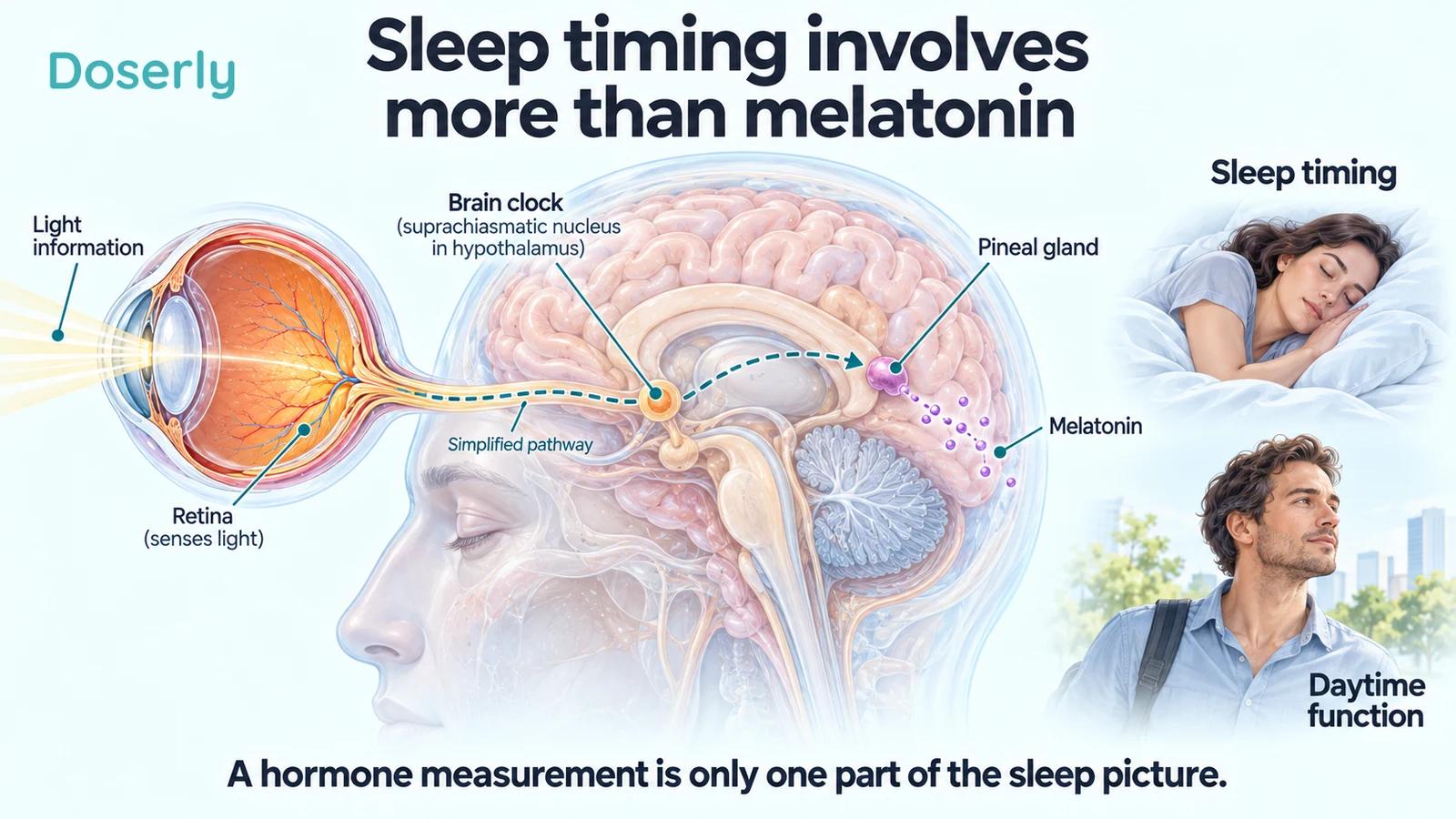 Light information, the brain clock and pineal gland shown in a simplified anatomical pathway, beside sleep and daytime-function scenes.