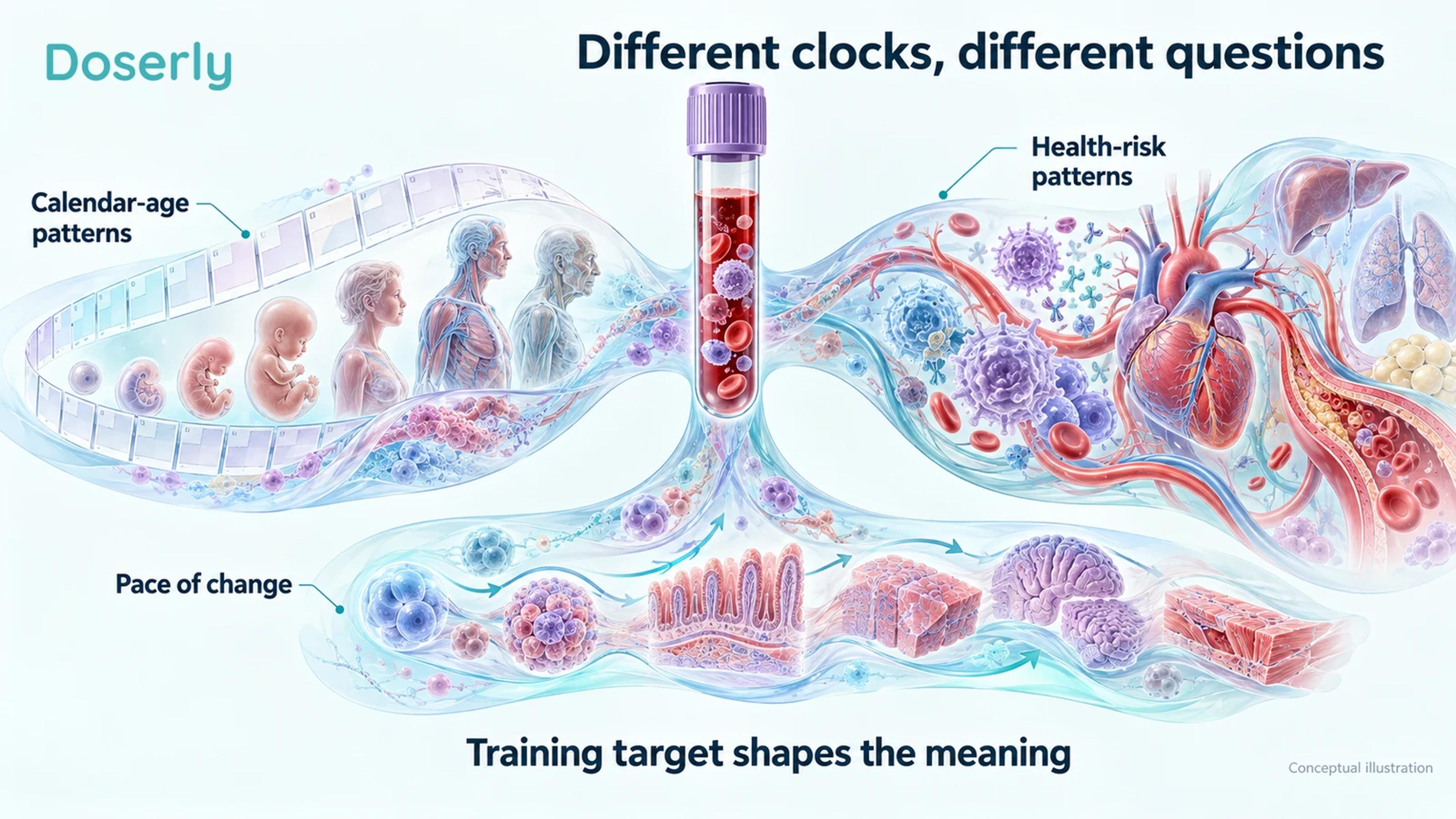 A blood sample branches toward calendar-age patterns, health-risk anatomy and physiological change over time