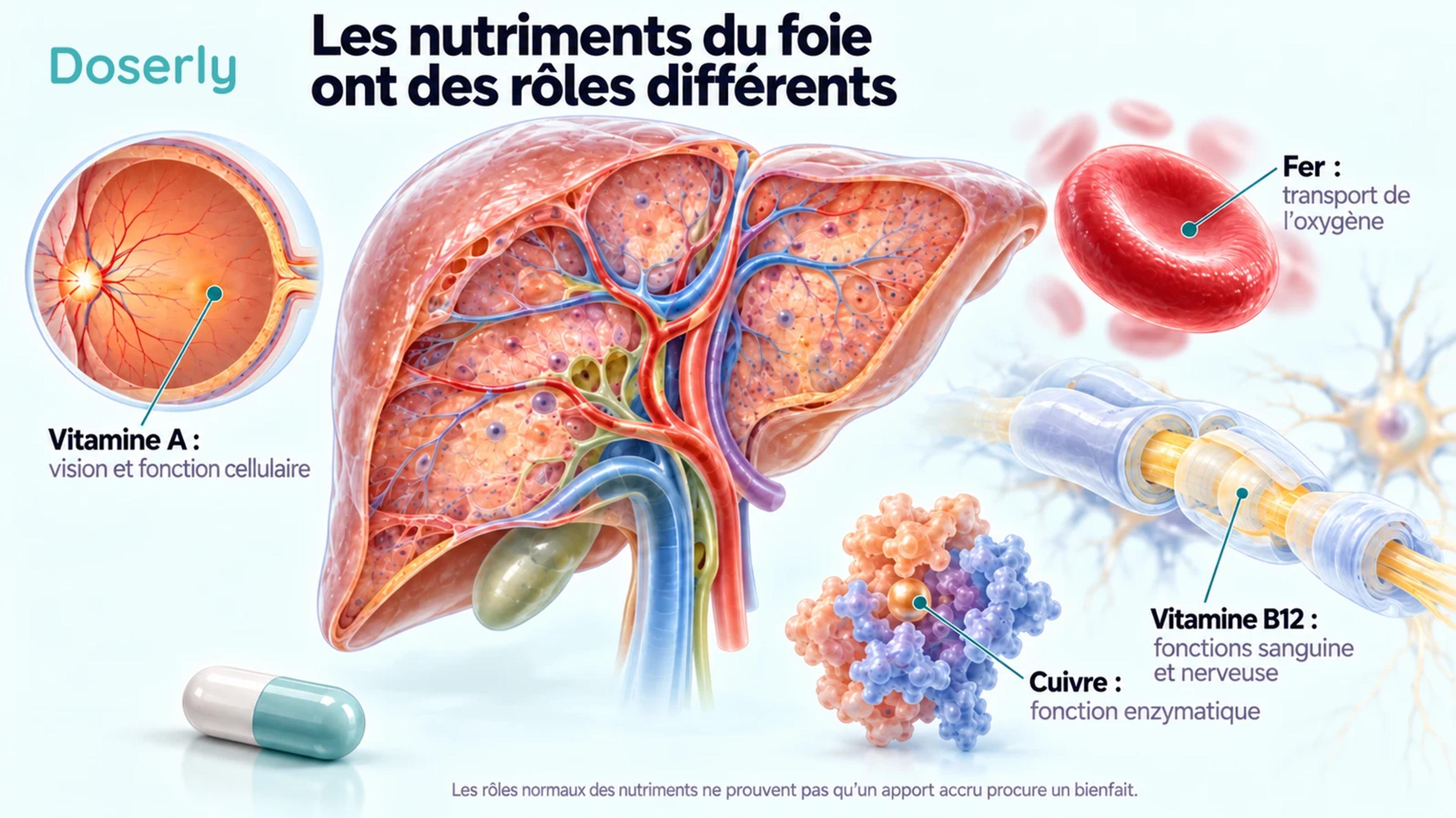 Anatomie détaillée du foie accompagnée d’une rétine, d’un globule rouge, d’un segment de nerf et d’une enzyme conceptuelle illustrant les fonctions distinctes des nutriments.