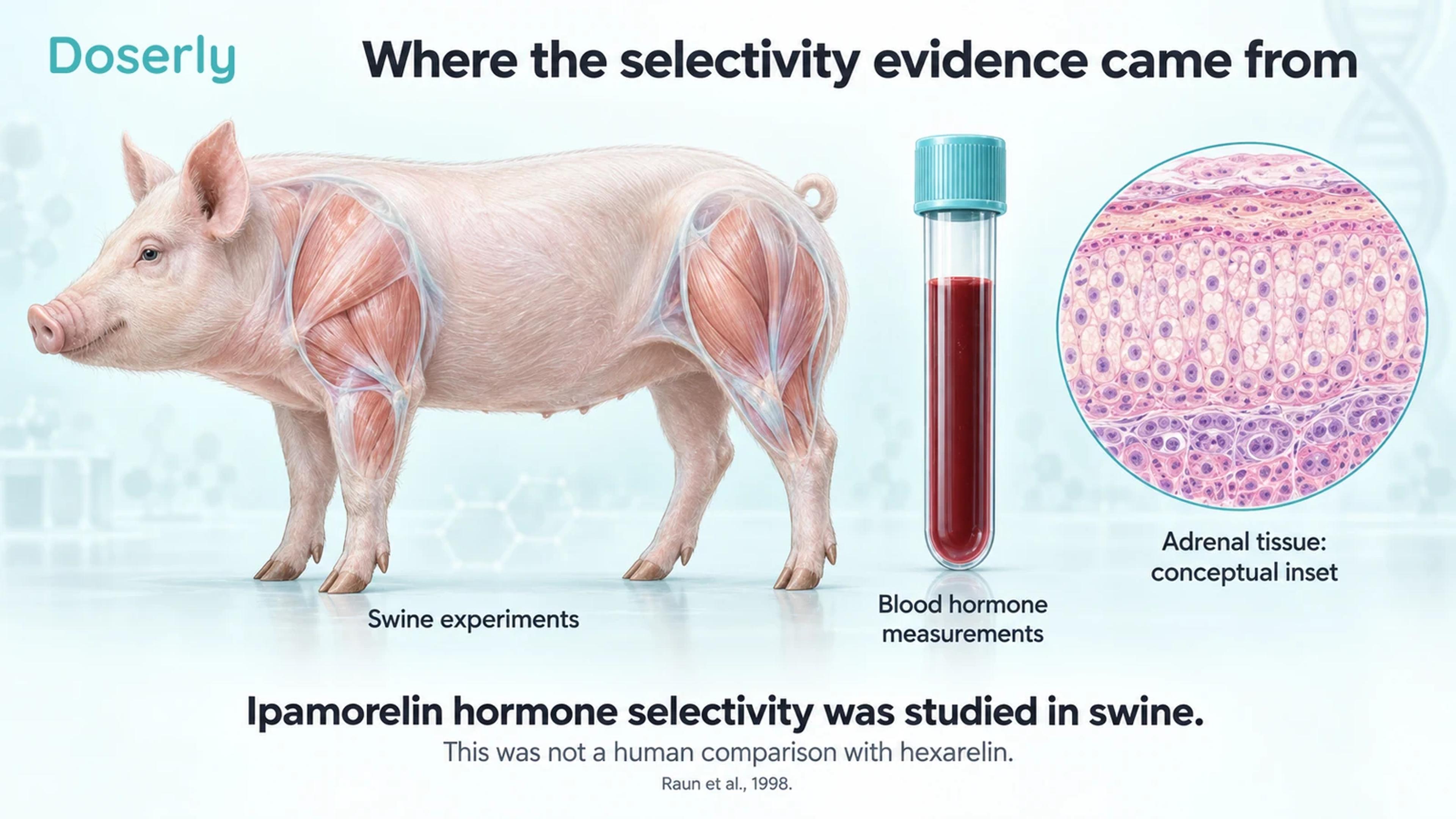 Research swine, blood sample and conceptual adrenal tissue inset explaining the source of ipamorelin selectivity findings