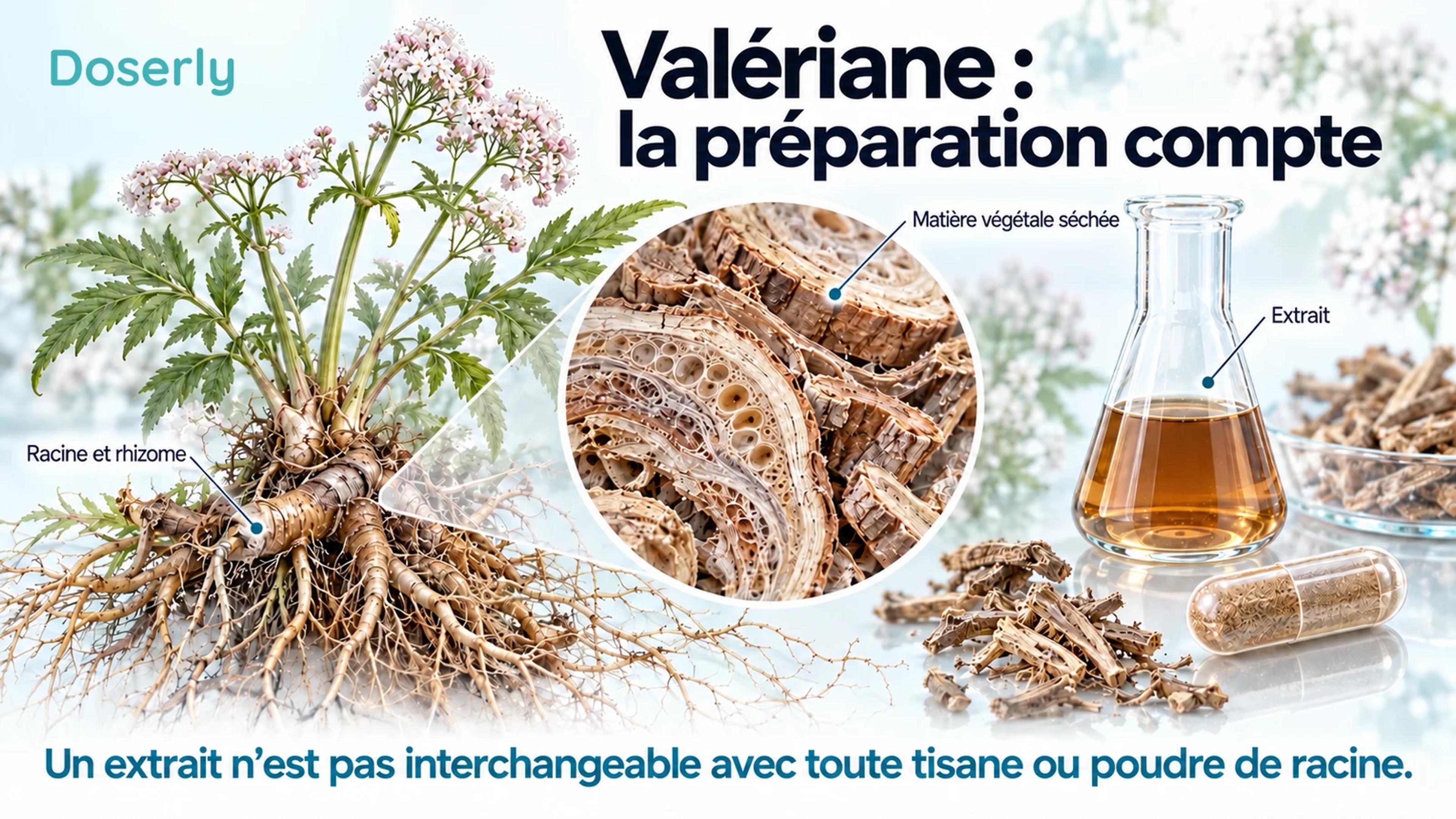 Une illustration détaillée de la valériane, de ses racines et de son rhizome, de tissus de racine séchée et d’une préparation d’extrait montre pourquoi les produits ne sont pas interchangeables.